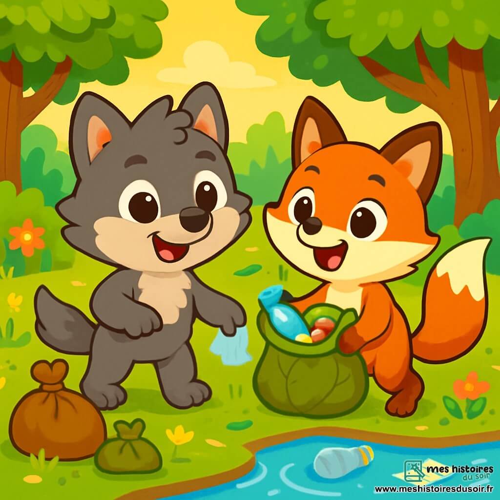 Léo, un petit loup aux yeux pétillants et à la fourrure douce, se tient joyeusement au bord d'une rivière, souriant en ramassant des déchets avec ses petites pattes. À ses côtés, Clara, une renarde rousse malicieuse, l'encourage en tenant un sac rempli de déchets. Ils se trouvent dans une forêt verdoyante et lumineuse, entourés d'arbres majestueux et de fleurs colorées. Léo et Clara sont déterminés à nettoyer leur environnement, avec des déchets flottant dans l'eau et des sacs de détritus à leurs pieds, symbolisant leur engagement pour la protection de la nature.
