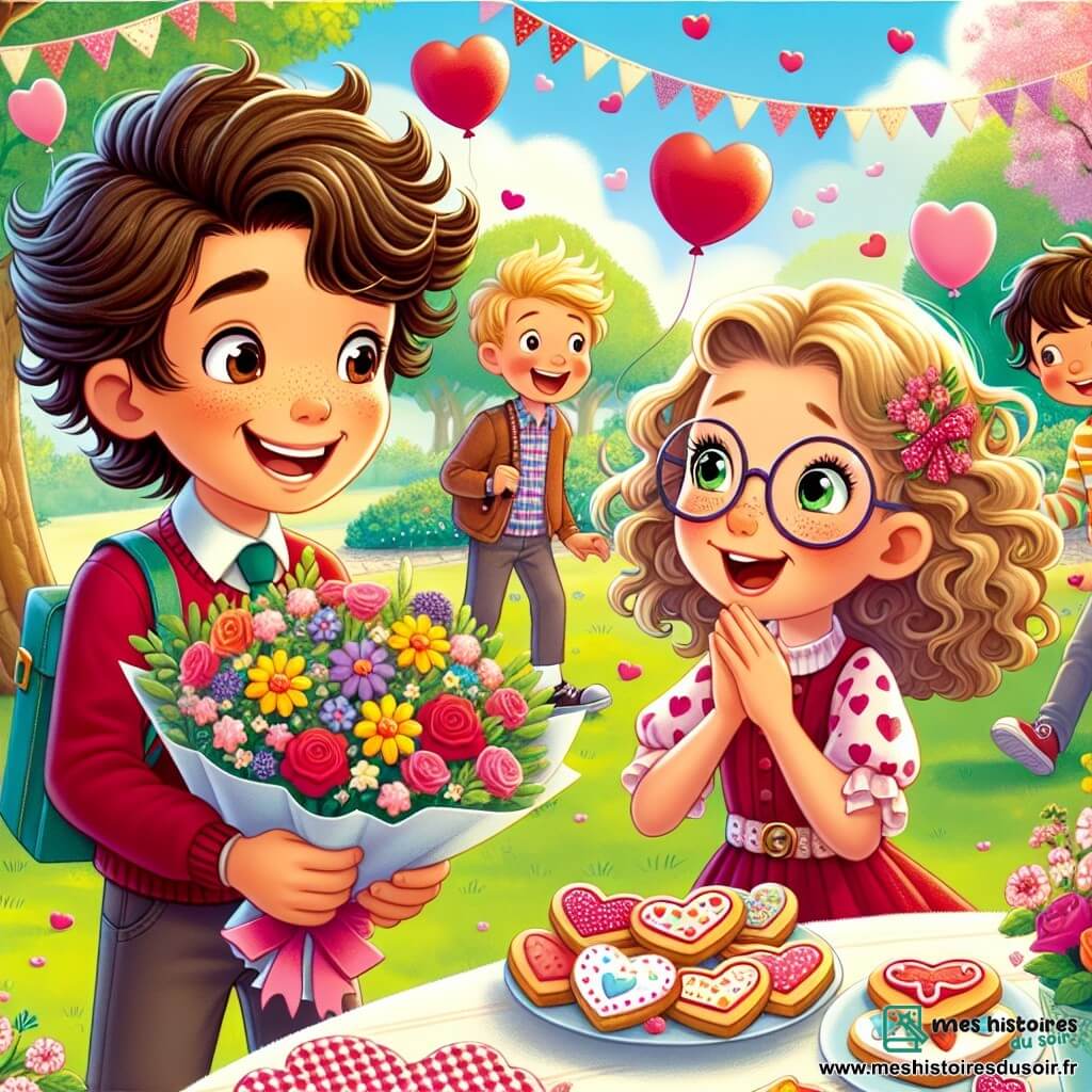 Dans un parc ensoleillé, Hugo, un garçon de onze ans aux cheveux bruns en bataille, tient un bouquet de fleurs colorées et une carte en forme de cœur. À ses côtés, Emma, une fille aux cheveux blonds et bouclés en robe rose, admire le bouquet. Max, un autre garçon aux cheveux ébouriffés et lunettes rondes, sourit en tenant une assiette de biscuits en forme de cœur. Le parc est décoré de ballons rouges et roses, avec des enfants jouant autour d'une grande table ornée de guirlandes. Hugo présente le bouquet à Emma tandis que Max se prépare à partager les biscuits, créant un moment chaleureux de célébration de l'amitié et de la Saint-Valentin.