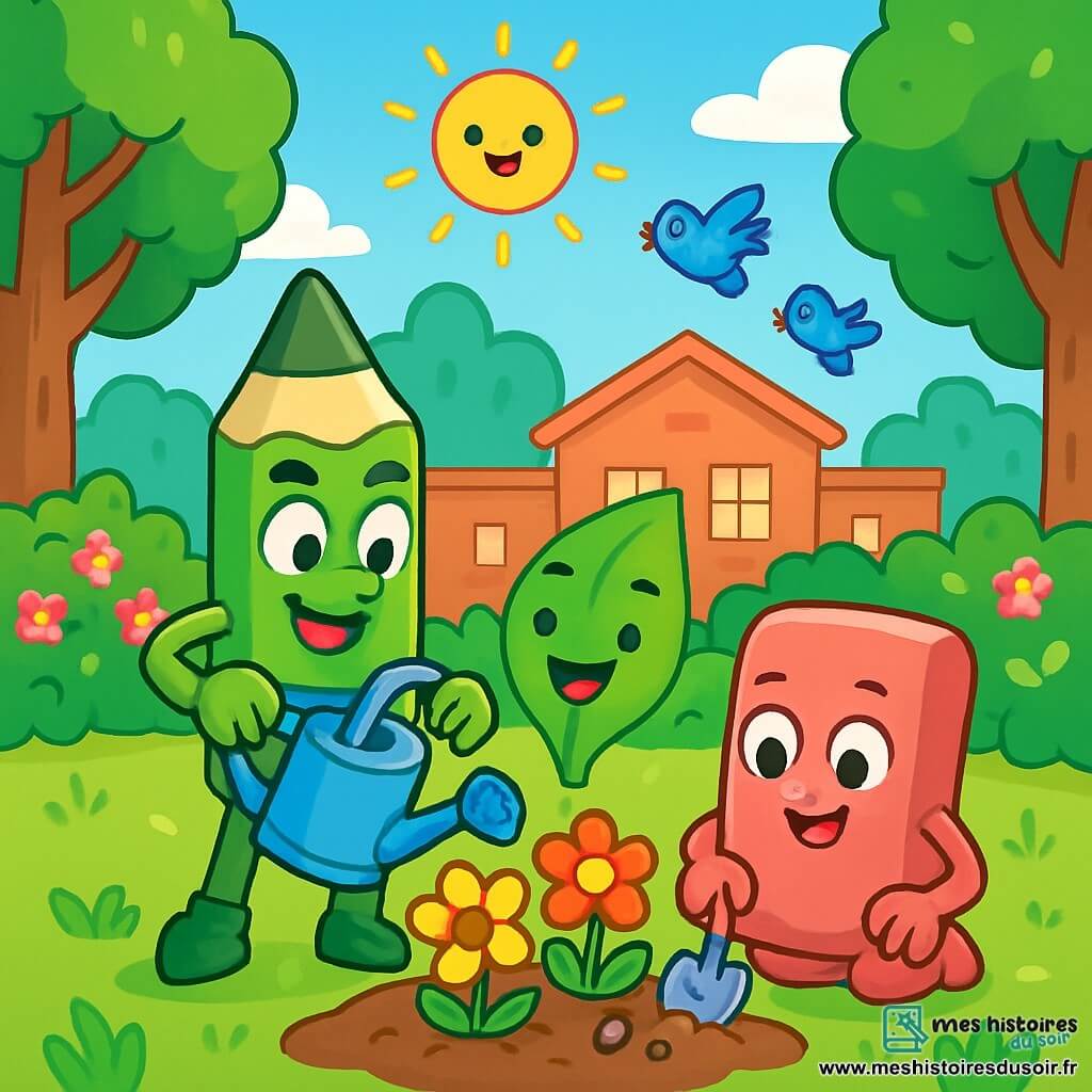 Colorin, un crayon vert vif et joyeux, se tient au centre, tenant un arrosoir rempli d'eau pour arroser des fleurs colorées. À ses côtés, une gomme rose souriante tient une petite pelle et regarde avec enthousiasme les graines qu'ils viennent de planter. En arrière-plan, une feuille verte, guide de la réserve, sourit en montrant les fleurs qui commencent à éclore. Le lieu est une cour d'école ensoleillée, entourée d'arbres majestueux et de buissons fleuris, sous un ciel bleu éclatant. Colorin et ses amis sont pleins d'énergie et de joie, unis dans leur mission de protéger la nature.