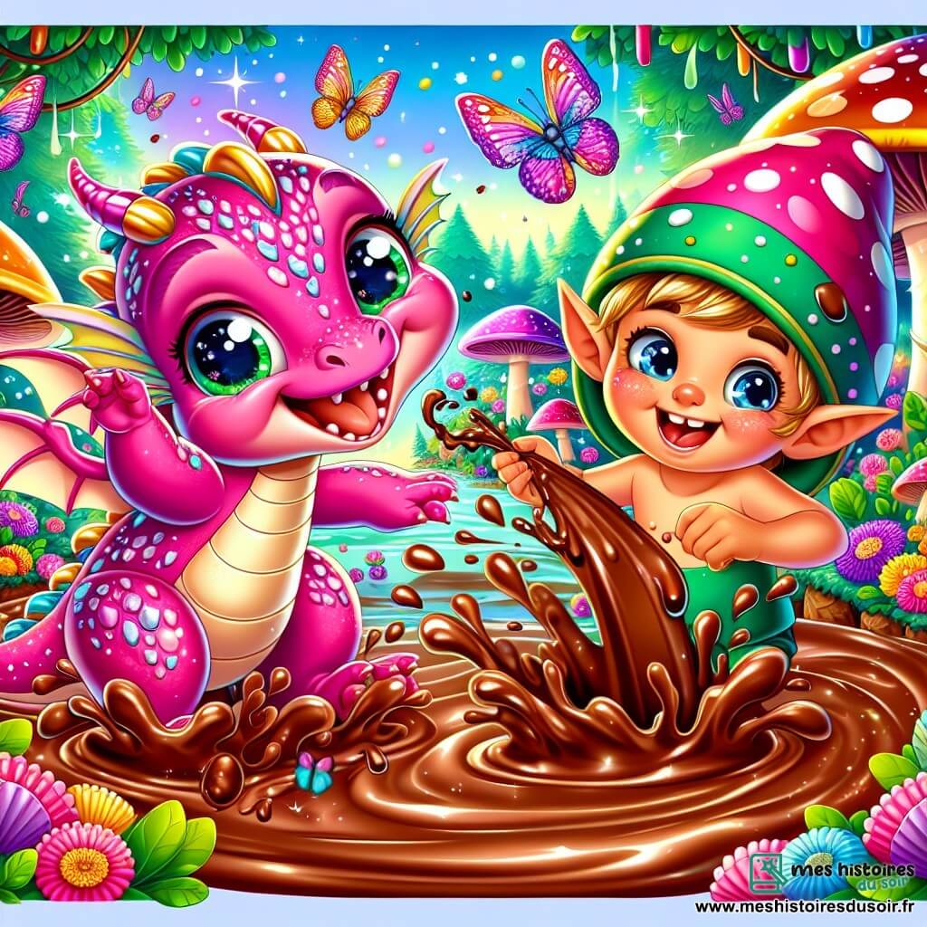 Un petit dragon rose aux écailles scintillantes et aux yeux brillants saute joyeusement dans un ruisseau de chocolat. Ses ailes déployées et son large sourire illuminent son visage. À ses côtés, un lutin nommé Lulu, avec des oreilles pointues et un chapeau trop grand, éclabousse le dragon de chocolat. Le décor est une forêt enchantée où les arbres multicolores chantent et des fleurs vives dansent au vent, tandis que le ruisseau serpente entre des champignons géants. La scène montre le dragon et le lutin jouant ensemble, riant dans l'eau sucrée, entourés de papillons arc-en-ciel et de petits animaux curieux.
