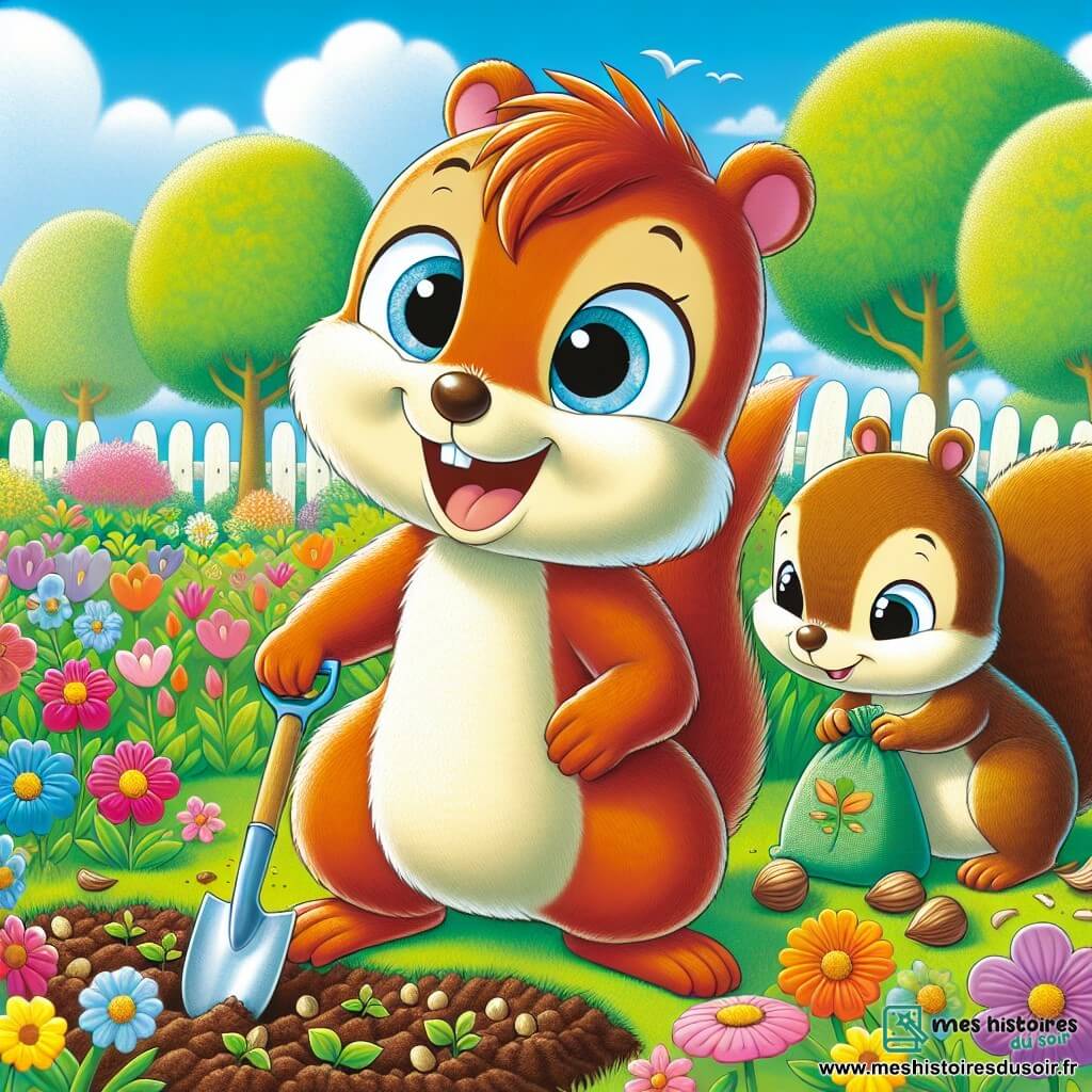 Un jeune écureuil nommé Piko, avec un pelage brun clair et des yeux curieux, se tient au centre d'un jardin coloré, plantant une graine dans un trou. Il sourit, enthousiaste pour le printemps. Sa maman, avec un pelage plus foncé, l'observe fièrement en tenant un sac de graines, tandis que son papa, robuste, creuse le sol avec une pelle. Le jardin est rempli de fleurs éclatantes, de jeunes pousses et d'arbres en fleurs, sous un ciel bleu parsemé de nuages blancs. La scène montre Piko et sa famille préparant leur jardin pour le printemps, joyeux et entourés de la beauté de la nature.