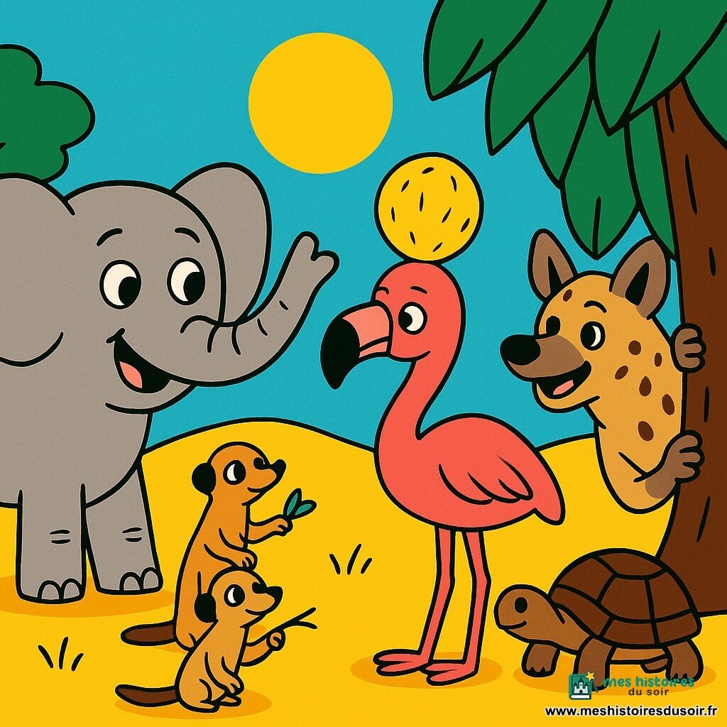 Un grand éléphant gris perle nommé Édouard, visage rond et yeux bienveillants, surpris et joyeux, tient sa trompe levée comme un micro; un flamant rose nommé Félix porte une noix de coco jaune en chapeau, un peu gêné mais amusé; une hyène rieuse à droite serre les feuilles-rideaux en regardant la noix de coco, complice; trois suricates vifs à gauche forment une chaîne, l’un mime la victoire pendant que les autres tirent une brindille; une tortue brune à carapace rayée pousse lentement une petite branche près d’un pupitre fissuré; décor : colline herbeuse dorée sous un ciel doux, rochers tièdes, arbre au tronc creux transformé en pupitre, grandes feuilles vertes en rideaux et une noix de coco-soleil coincée entre deux pierres; scène centrée et joyeuse montrant le moment où la noix de coco a poppé sur la tête de Félix, tous regardent et rient, ambiance chaleureuse, couleurs vives, formes simples et contours nets.