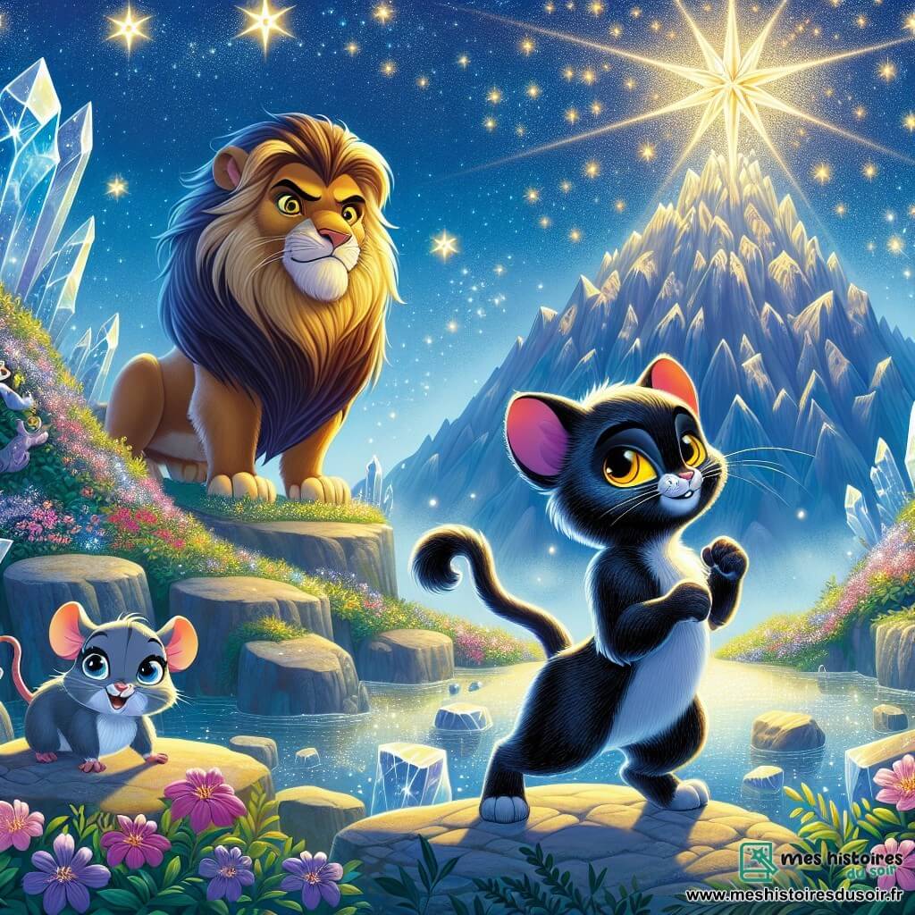 Félix, un chat noir aux yeux jaunes, se tient courageusement au sommet de la Montagne des Étoiles, déterminé à affronter le sorcier maléfique. À ses côtés, Léon, un lion à la crinière dorée, rugit fièrement, tandis que Clara, une petite souris grise, court autour de Malgarn pour le distraire. Le sommet est illuminé par un cristal magique, sous un ciel étoilé, avec une brise douce. Félix et ses amis sont unis pour défendre leur forêt enchantée contre Malgarn, le sorcier maléfique.