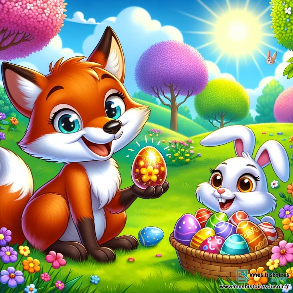 Illustration d'un petit renard espiègle au pelage roux et aux yeux curieux, assis sur l'herbe, tenant un œuf magique brillant avec des paillettes dorées, souriant de joie. À côté, un petit lapin blanc joyeux, sautant avec un panier de chocolats colorés, partage un regard complice avec le renard. La scène se déroule dans une clairière ensoleillée, entourée d'arbres fleuris et de fleurs éclatantes, sous un ciel bleu parsemé de nuages. Le renard et le lapin célèbrent leur amitié en partageant des chocolats, entourés d'œufs de Pâques colorés dans l'herbe, créant une atmosphère joyeuse et festive, embellie par des décorations de Pâques et des papillons.