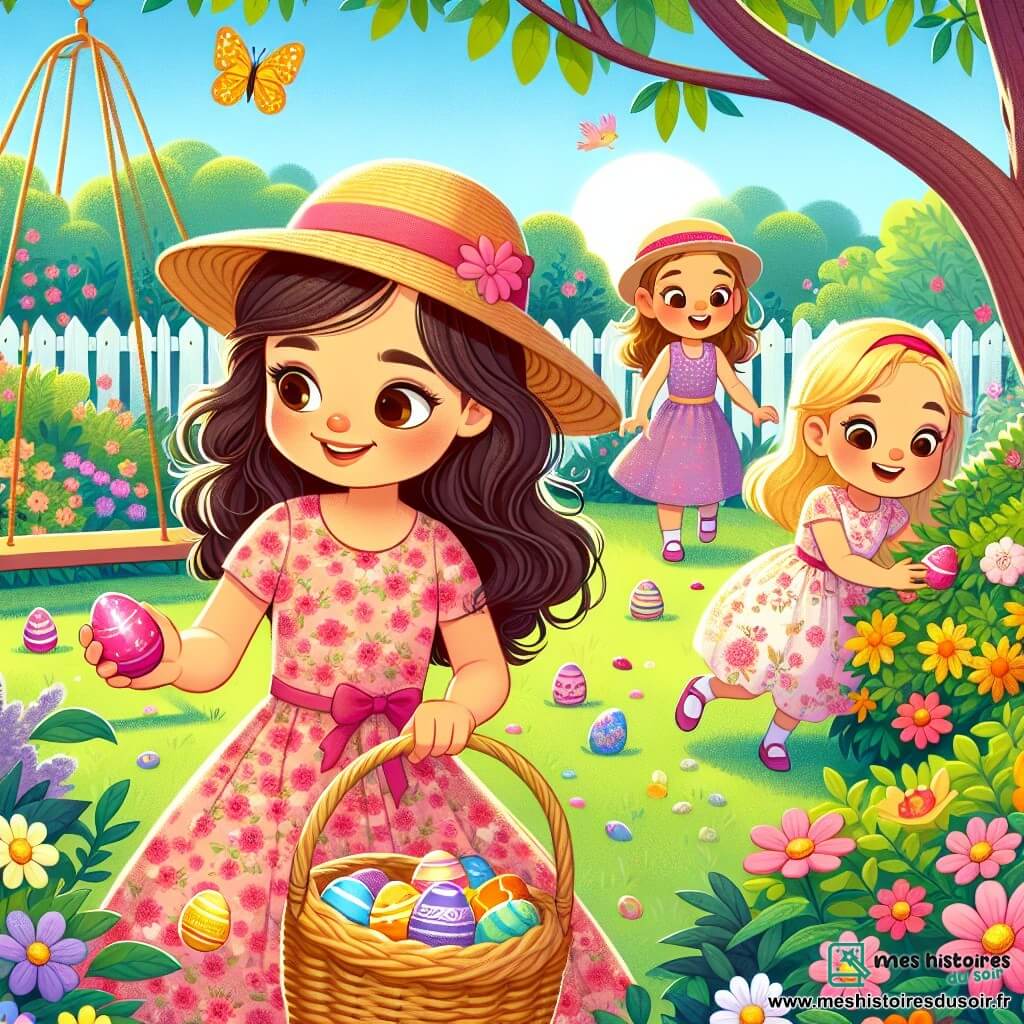 Dans un jardin ensoleillé, trois filles cherchent des œufs de Pâques. Léa, 7 ans, avec des cheveux bouclés et une robe rose, tient un panier rempli d'œufs colorés. À sa droite, Zoé, 8 ans, avec un chapeau de paille et des cheveux blonds, cherche sous un buisson. À gauche, Mia, 6 ans, aux cheveux raides et noirs, tient un œuf jaune près d'un pot de fleurs. Le jardin est coloré, avec des fleurs, des papillons et un grand arbre. Les filles cherchent un œuf magique qui change de couleur, prêtes à le découvrir avec surprise et joie.