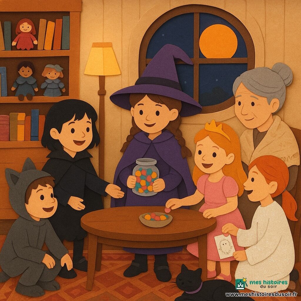 Sept personnages : Lina, 8 ans, cheveux bruns en deux nattes, chapeau de sorcière trop grand et manteau violet, tenant une petite boîte de bonbons au centre devant la table ; Maya, 8 ans, cheveux courts noirs, cape de chauve‑souris, à gauche de Lina, souriante et tendant la main vers Tim ; Zoé, 8 ans, cheveux longs blonds en robe rose de princesse, à droite de Lina, riant et posant un bonbon sur la table ; Noa, 8 ans, cheveux roux en queue de cheval, costume de fantôme à paillettes, près de la porte offrant un bonbon au garçon ; Tim, 7 ans, garçon en costume de loup avec une patte déchirée, accroupi devant la table, sac de bonbons réparé, regard joyeux ; Mme Roux, 70 ans, cheveux argentés en chignon, châle brodé, assise derrière la table avec une tasse de chocolat chaud et un bol presque vide, souriante ; et un chat noir au collier violet enroulé sur le tapis. Lieu chaleureux et ancien : salon aux murs crème, étagères de poupées en tissu et livres illustrés, grande fenêtre ronde laissant entrer une lune orangée, tapis à motifs et table basse en bois avec un petit bol de bonbons. Scène nocturne douce de partage : les enfants autour de la table rendent un bol plein à la vieille dame, couleurs chaudes (oranges, violets, rouges), textures papier découpé visibles, éclairage de lampe et de lune, expressions tendres et gestes de partage lisibles.