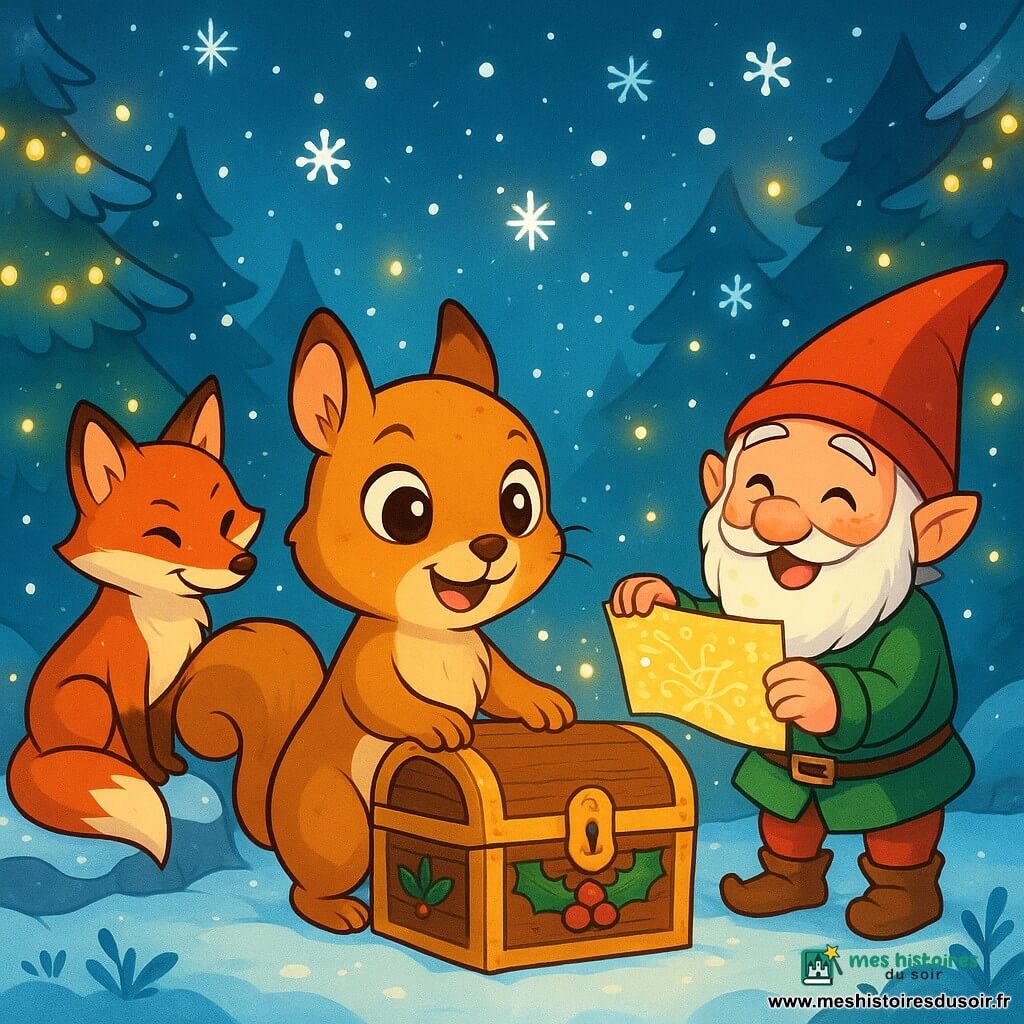 Un petit écureuil nommé Émile, au pelage brun doré et aux yeux curieux, se tient au centre d'une clairière enchantée, émerveillé. Il est entouré de flocons de neige scintillants. À sa droite, un lutin farceur avec une barbe blanche et un chapeau rouge rit en tenant une carte magique. À sa gauche, un renard rusé au pelage roux observe la scène avec un sourire, assis sur un rocher enneigé. La clairière est illuminée par des lucioles, et des sapins ornés de guirlandes lumineuses créent une atmosphère féérique. Émile découvre un coffre en bois décoré de motifs de houx, prêt à ouvrir le trésor caché à l'intérieur.