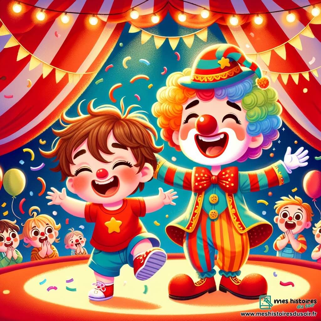 Léo, un petit garçon de 2 ans aux cheveux bruns en bataille et aux grands yeux joyeux, porte un t-shirt rouge et un short bleu. Il rit en tenant un chapeau de clown trop grand qui lui tombe sur les yeux. À ses côtés, un clown joyeux d'environ 30 ans, avec un nez rouge et un costume multicolore, fait des grimaces et lance des confettis. Le chapiteau du cirque, immense et aux rayures rouges et blanches, est rempli de lumières scintillantes et de ballons colorés. Léo et le clown dansent ensemble, entourés d’un public émerveillé qui applaudit et rit, créant une ambiance festive.