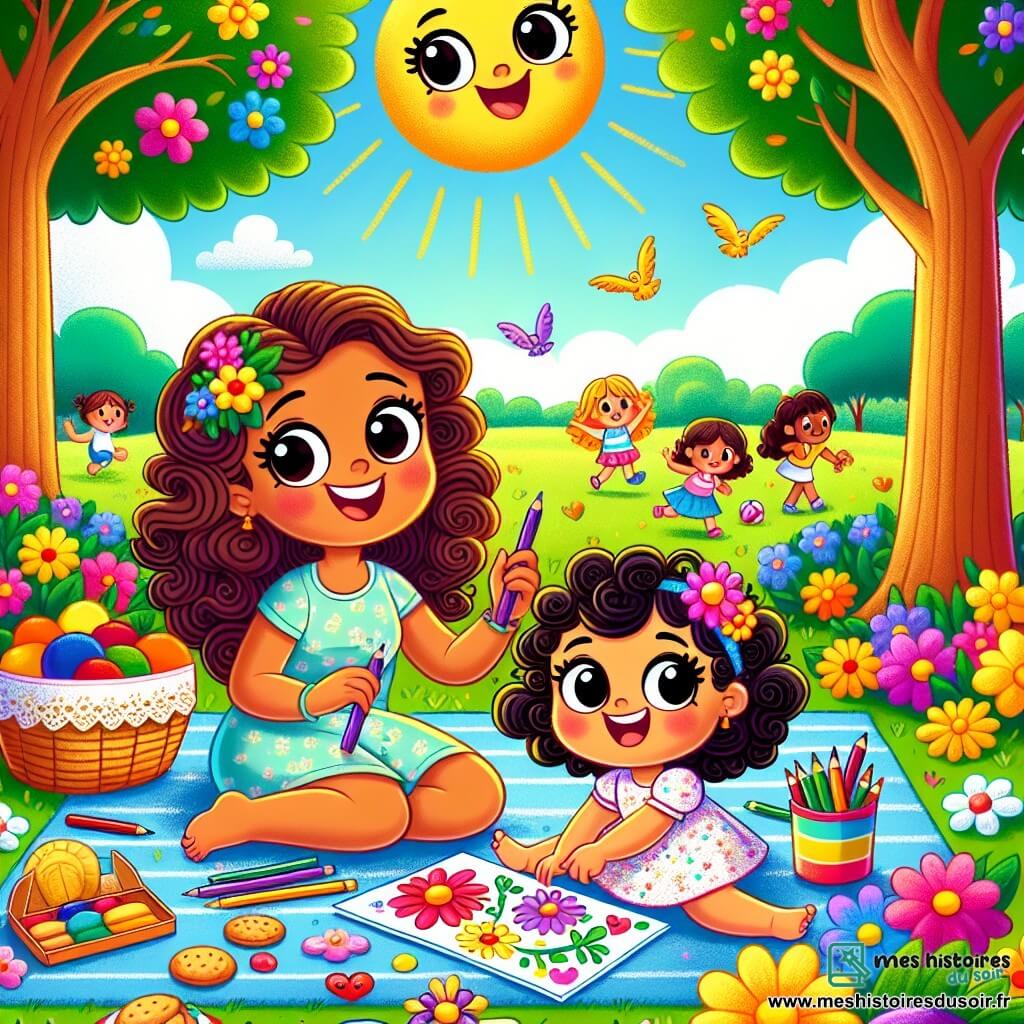 Lila, une petite fille de 2 ans aux grands yeux brillants et aux cheveux bouclés, sourit en tenant des crayons de couleur. Elle est assise sur l'herbe du parc, entourée de ses dessins colorés. Sa maman, une femme d'une trentaine d'années, l'observe fièrement, assise sur une couverture de pique-nique avec des fruits et des biscuits. Le parc ensoleillé est rempli de fleurs et d'arbres, avec des oiseaux chantant et d'autres enfants jouant au loin. Lila dessine des fleurs et un soleil jaune, entourée de ses amis admirant ses créations, dans un moment de partage et de bonheur estival.
