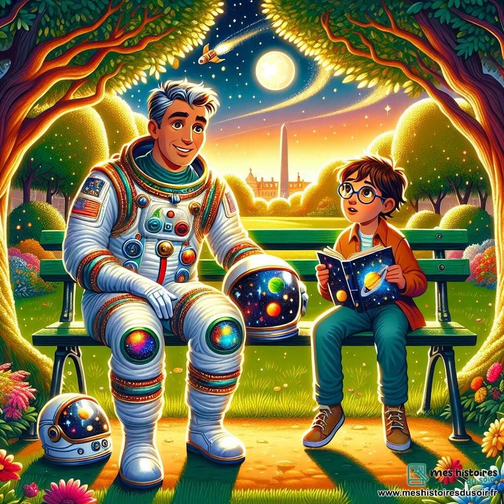 Un homme astronaute, Maxime, se tient dans un parc verdoyant, souriant et enthousiaste. Il porte une combinaison spatiale blanche avec des détails colorés, son casque étant posé à côté de lui sur un banc. À ses côtés, Lucas, un garçon de 11 ans aux cheveux bruns en bataille et lunettes, est assis, écoutant avec admiration un livre sur les planètes. Le parc est éclairé par le soleil couchant, entouré d'arbres et de fleurs colorées. Maxime partage des histoires fascinantes de l'espace avec Lucas, qui est émerveillé par ses récits d'aventures interstellaires.