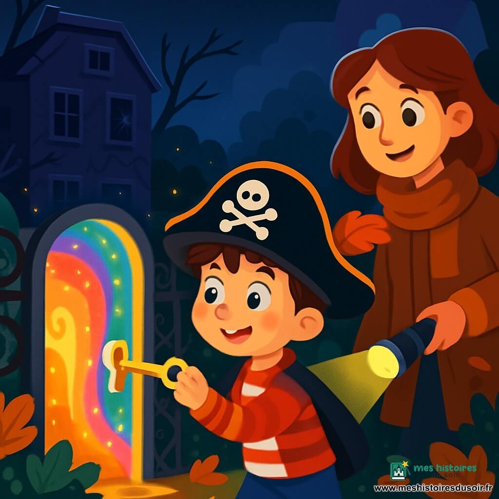 Timéo, un petit garçon de 6 ans déguisé en pirate avec un chapeau noir et une plume rouge, est émerveillé devant un portail scintillant, tenant une clé dorée. Sa maman, d'environ 30 ans, sourit à ses côtés, éclairant le jardin sombre avec une lampe de poche. Le jardin, mystérieux et rempli de feuilles d'automne, est dominé par une vieille maison abandonnée aux fenêtres cassées. Timéo, déterminé, s'apprête à insérer la clé dans la serrure d'un portail magique brillant de mille couleurs.