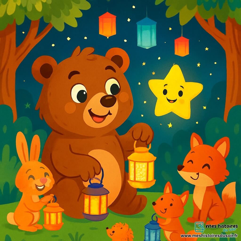 Boubou l’ours farceur, un gros ours brun au pelage doux et aux yeux curieux, est assis dans l'herbe verte, souriant joyeusement. Il tient une petite lanterne en papier décorée de paillettes dorées et admire les autres animaux autour de lui. À ses côtés, Etincelle, une étoile scintillante aux yeux brillants et à la bouche souriante, flotte dans les airs en émettant une douce lumière dorée. La scène se déroule dans une clairière enchantée, entourée d'arbres majestueux sous un ciel étoilé, où des lanternes colorées s'élèvent dans la nuit. Boubou et Etincelle participent à une fête joyeuse, où les animaux de la forêt se rassemblent pour célébrer le Ramadan avec des rires et des sourires, créant une atmosphère chaleureuse et lumineuse.