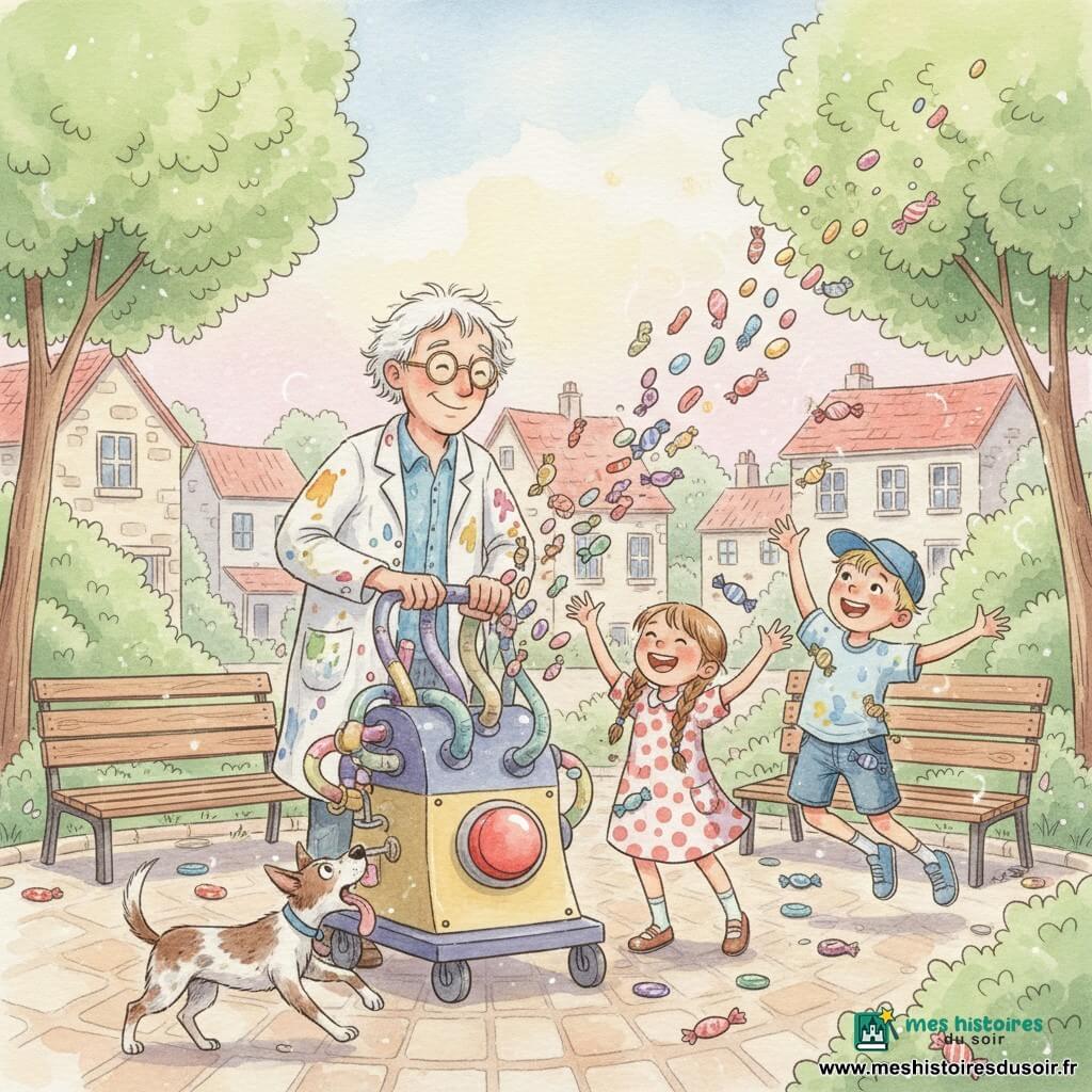 Monsieur Dupont, souriant mais embarrassé, cheveux blancs ébouriffés, lunettes rondes et blouse tachée de peinture, tient la poignée d’une grosse machine aux tuyaux colorés et à un énorme bouton rouge ; devant lui, une fillette de 7 ans aux cheveux tressés et robe à pois rit en tendant la main vers un bonbon volant, un garçon de 9 ans casquette bleue et short saute pour en attraper un autre, et au premier plan un chien tacheté tente d’attraper un bonbon tombé ; le tout se déroule dans un petit parc pavé avec bancs, arbres à feuilles vert clair et maisons en pierre aux toits rouges sous un ciel pastel, dans une démonstration chaotique et joyeuse où des bonbons multicolores jaillissent des tuyaux et collent légèrement aux vêtements.