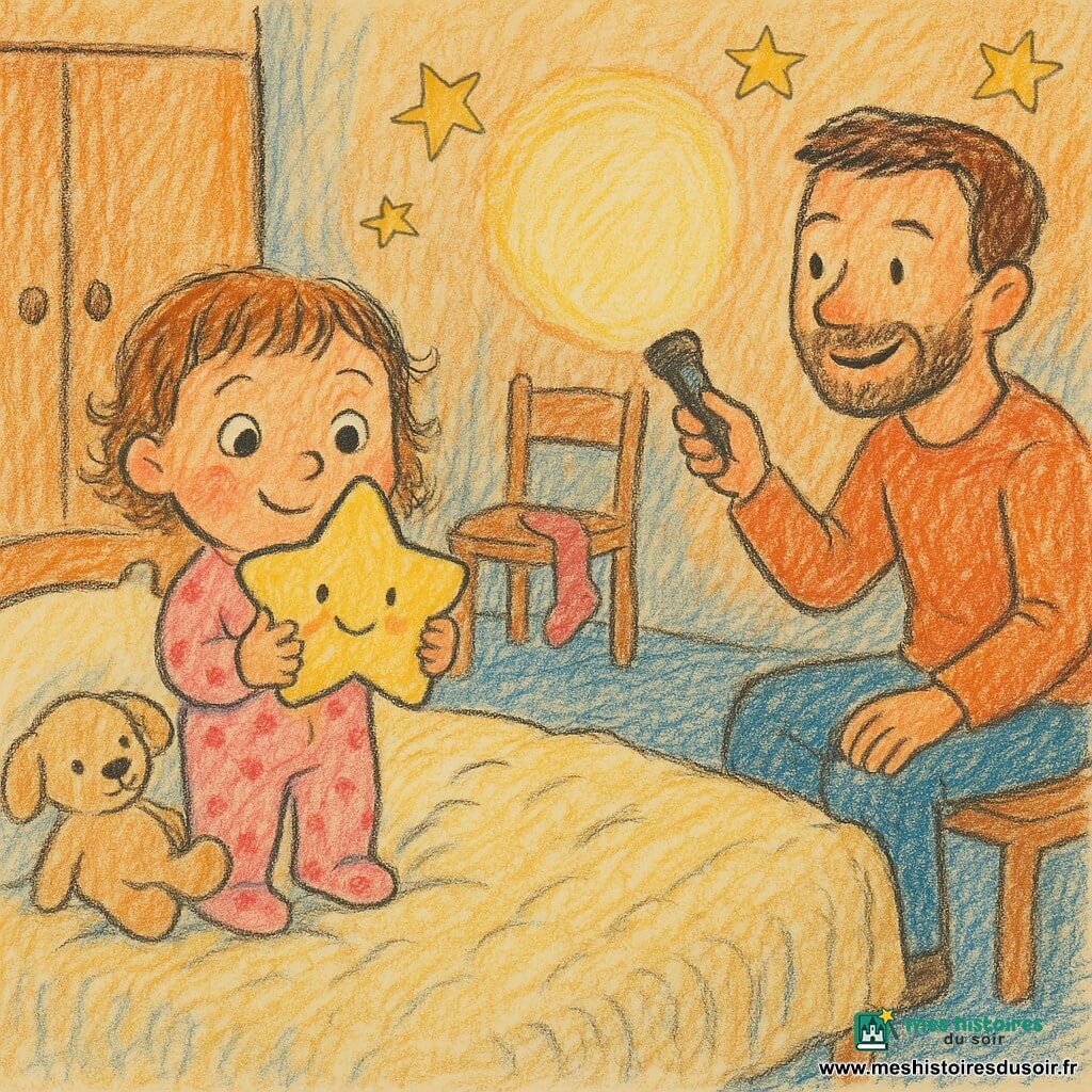 Une fillette de 2 ans aux yeux ronds joue avec un doudou beige sur un lit bas pendant que son père d'environ 35 ans, barbe légère, assis sur le bord du lit, sourit et pointe une lampe de poche pour projeter des ronds de lumière; la chambre petite et chaleureuse, aux tons pastel, couverture crème, tapis bleu et stickers d'étoiles, dégage une ambiance douce et sécurisante.