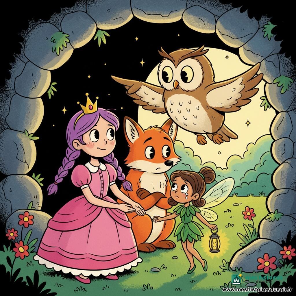 La princesse Lila, environ 8 ans, au regard déterminé et doux, cheveux violets en tresses, robe rose à volants et petite couronne brillante, tient la main d’une minuscule fée en larmes (20 cm) aux ailes translucides scintillantes et à la robe verte en feuilles qui tient une petite lanterne magique et la regarde avec gratitude ; un renard mâle au pelage roux flamboyant, aux yeux malicieux mais tristes, est assis à l’entrée de la grotte derrière eux, semblant regretter son geste, tandis qu’un hibou mâle aux grands yeux ronds et plumes crème vole légèrement au‑dessus du groupe et pointe la sortie d’une aile vers la lumière ; la scène se situe à l’entrée d’une grotte sombre aux pierres rondes et mousseuses ouvrant sur une clairière verte baignée d’un rayon de soleil doré, fleurs colorées et lucioles au sol, ambiance chaleureuse, couleurs vives et silhouettes simples et expressives.