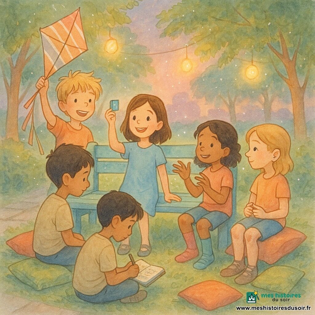 Lina, 10 ans, visage souriant, cheveux châtain mi‑long, porte une robe bleu pâle et tient une petite boîte d’allumettes turquoise, Tom, ~10 ans, peau hâlée, cheveux blonds en bataille, tient un cerf‑volant rayé derrière elle à gauche, Baya, ~9–11 ans, peau brune, chaussettes dépareillées, gesticule en dessinant dans l’air à droite sur le banc, Hassan, ~11 ans, peau mate, cheveux noirs courts, assis en tailleur devant, dessine une carte du quartier dans un carnet, Lucie, ~10 ans, peau claire, cheveux blonds avec un appareil auditif brillant, sourit en tenant son appareil près de Baya; dans un parc au crépuscule un banc en bois bleu au centre, coussins colorés sur l’herbe, lampes suspendues diffusant de petites lueurs chaudes, arbres aux feuilles aquarellées et trottoir de pierres, ambiance chaleureuse, intime et diverse.