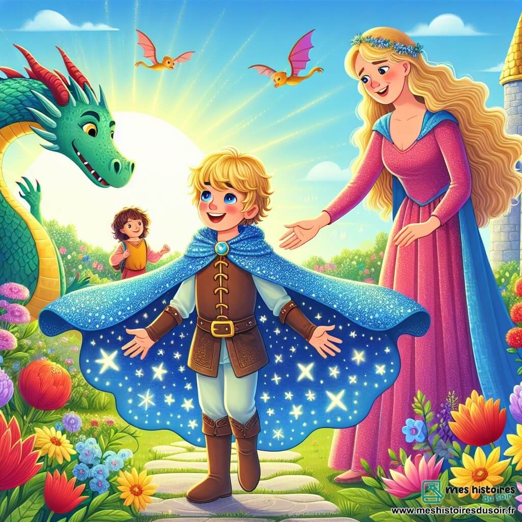 Un petit prince nommé Léo, âgé de 7 ans, porte une cape bleue scintillante. Il a des cheveux dorés et un grand sourire. Il se tient dans un jardin magique, prêt à affronter le roi Dragon. À ses côtés, sa maman, une belle reine aux cheveux longs, porte une robe rose et le regarde avec fierté. Le jardin est rempli de fleurs colorées et d'oiseaux chantants, avec un grand château doré au fond. Léo, courageux, s'approche du roi Dragon majestueux, qui souffle doucement, tandis que Léo lui tend la main pour devenir son ami.