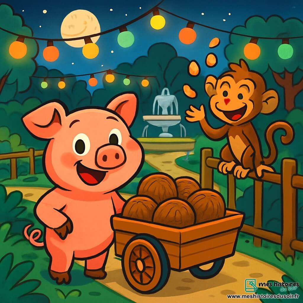 Un cochon nommé Gustave, avec un pelage rose et des yeux curieux, se tient joyeusement à côté d'un chariot rempli de noix de coco. Il sourit, ses oreilles frétillant d'excitation. À ses côtés, Léonard, un singe espiègle, jongle avec des cacahuètes, perché sur la clôture. Le zoo nocturne est illuminé par des lampions colorés, avec une fontaine scintillante sous la lune. Gustave et Léonard sont prêts à organiser une course de noix de coco, entourés d'animaux curieux impatients de voir les chariots dévaler la pente.
