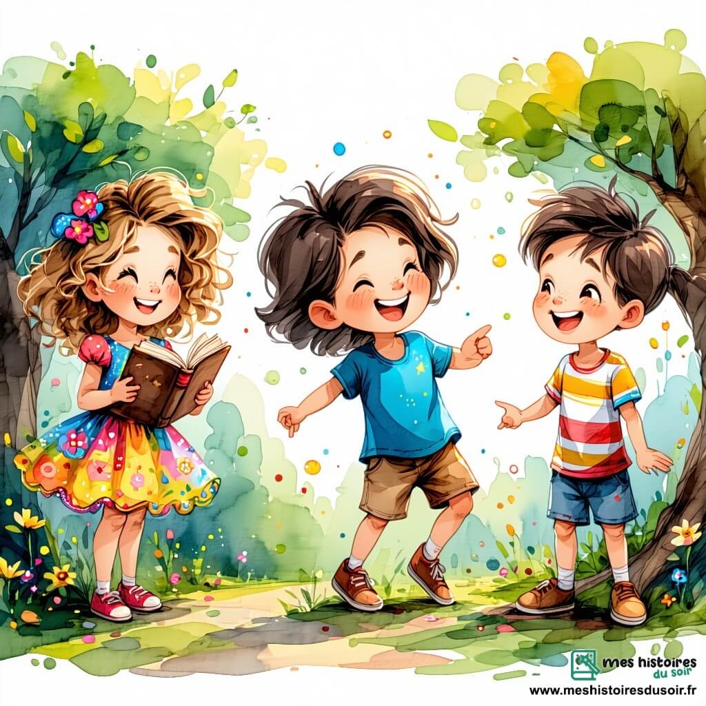 Trois amis se trouvent dans un parc magique : Léa, 8 ans, avec des cheveux bouclés et dorés, porte une robe colorée et tient un livre ancien, émerveillée. Tom, 8 ans, souriant avec des cheveux bruns en bataille, porte un t-shirt rayé et un short, riant en montrant une fleur brillante. Hugo, 9 ans, dans un fauteuil roulant décoré, a des cheveux châtains et des lunettes rondes, souriant en tenant une carte du monde magique. Le parc est enchanteur, avec des arbres majestueux et des fleurs lumineuses. Les amis découvrent un portail magique derrière un arbre, leurs visages illuminés par l'excitation, prêts à entrer dans un monde fantastique.