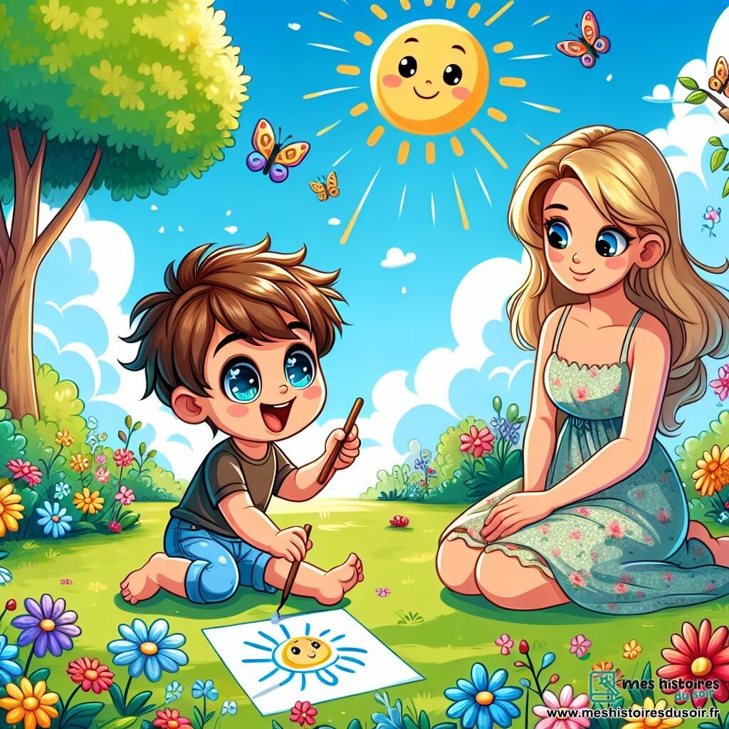 Un petit garçon de 2 ans, Léo, avec des cheveux bruns en bataille et des yeux curieux, est assis sur l'herbe du parc. Il sourit en dessinant un soleil dans la terre avec un bâton. À côté de lui, sa maman, une femme d'une trentaine d'années aux cheveux blonds, le regarde avec tendresse. Elle est assise en tailleur, entourée de fleurs colorées. Le parc est lumineux, avec des arbres majestueux et des papillons. Léo, émerveillé par le printemps, dessine un soleil tandis que sa maman admire les fleurs et les oiseaux.