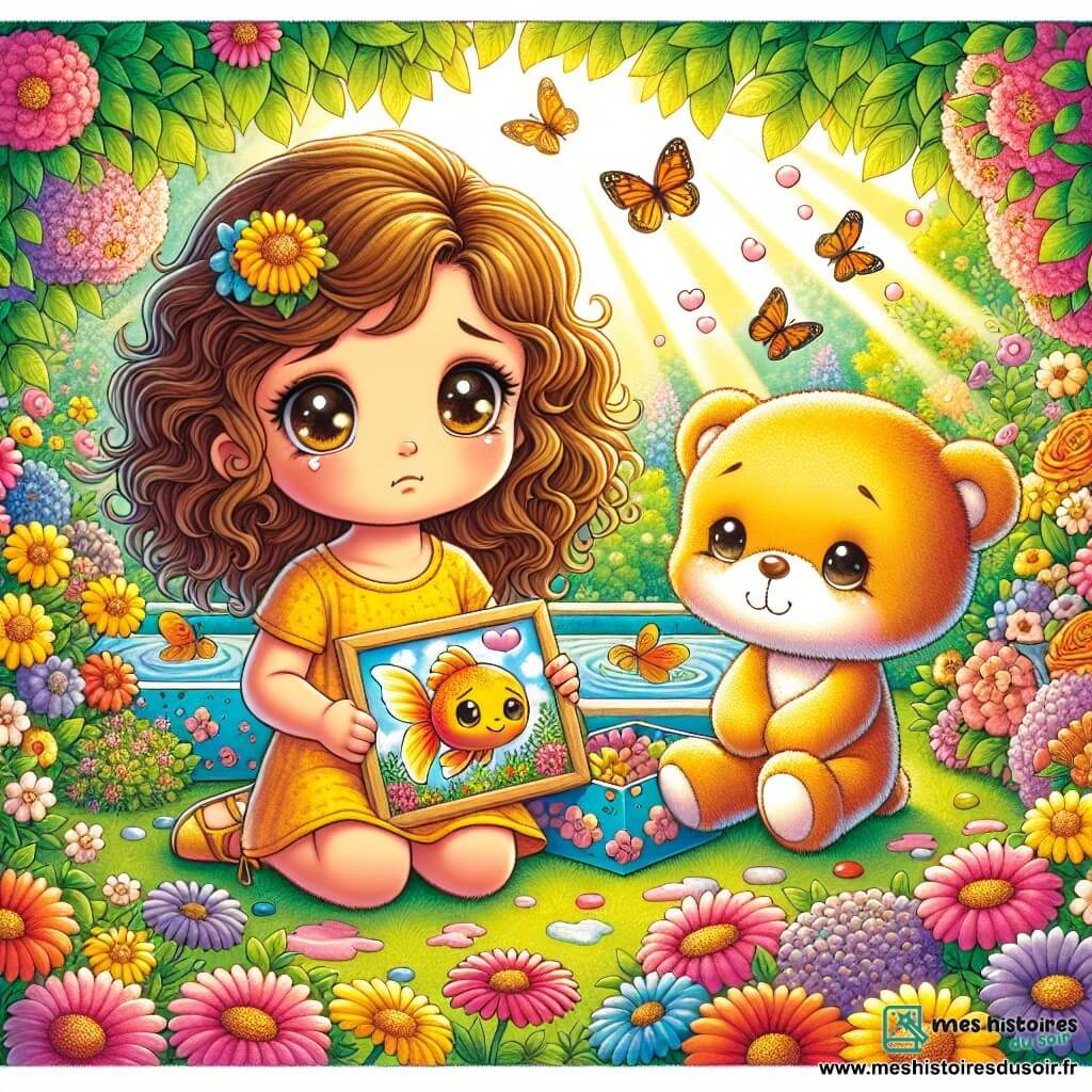 Clara, une petite fille aux cheveux bruns et bouclés, avec de grands yeux tristes, est assise dans un jardin coloré, entourée de fleurs éclatantes. Elle porte une robe jaune et tient un dessin de son poisson rouge, Bubbles, tout en se remémorant des souvenirs heureux. À ses côtés, Pépito, un ours en peluche mignon, la regarde avec tendresse. Le jardin est rempli de fleurs multicolores, des papillons virevoltent, et un coin est aménagé avec une boîte décorée où Clara a déposé le dessin de Bubbles. La lumière du soleil crée une atmosphère douce. Clara et Pépito célèbrent la mémoire de Bubbles en plantant des fleurs autour de la boîte, symbolisant l'amour et les souvenirs perdurants.