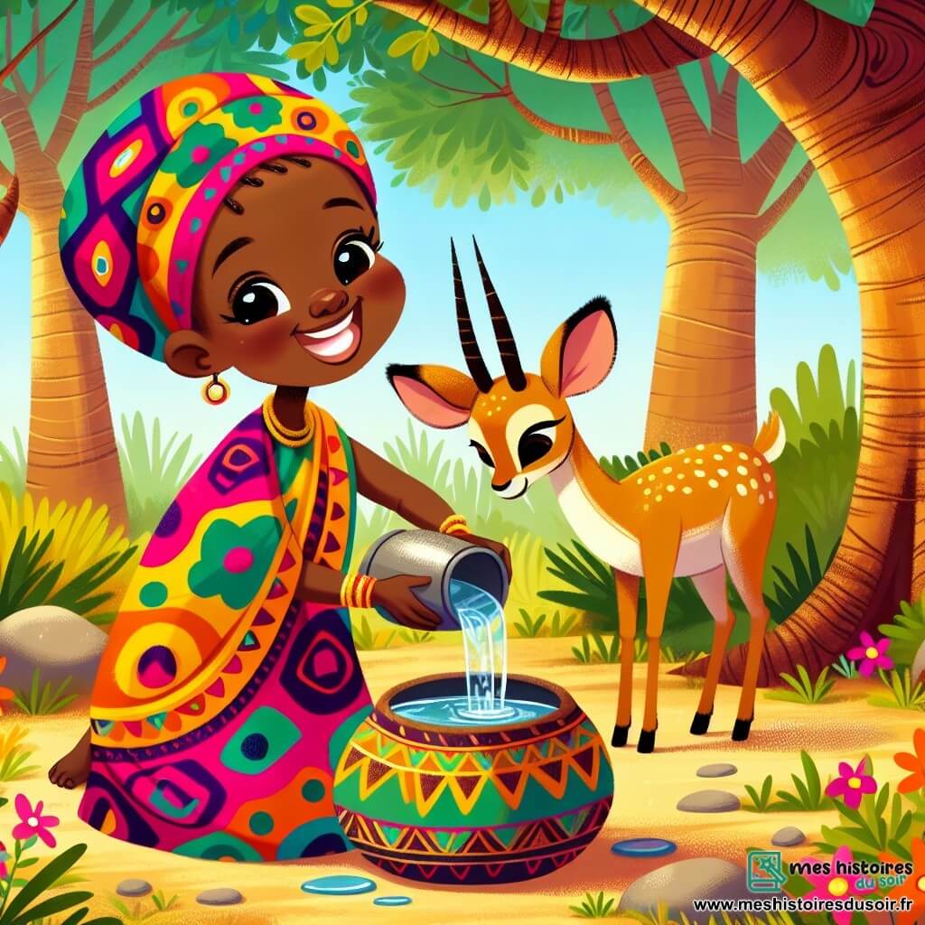 Mina, une jeune femme souriante et joyeuse, porte un pagne coloré. Ses yeux brillent d'excitation alors qu'elle remplit une calebasse d'eau à la source. À côté d'elle, une antilope gracieuse, au pelage brun doré, l'observe. Le cadre est une clairière entourée de baobabs et de fleurs colorées qui dansent au vent. Mina, déterminée, sourit en remplissant sa calebasse, prête à ramener l'eau au village.
