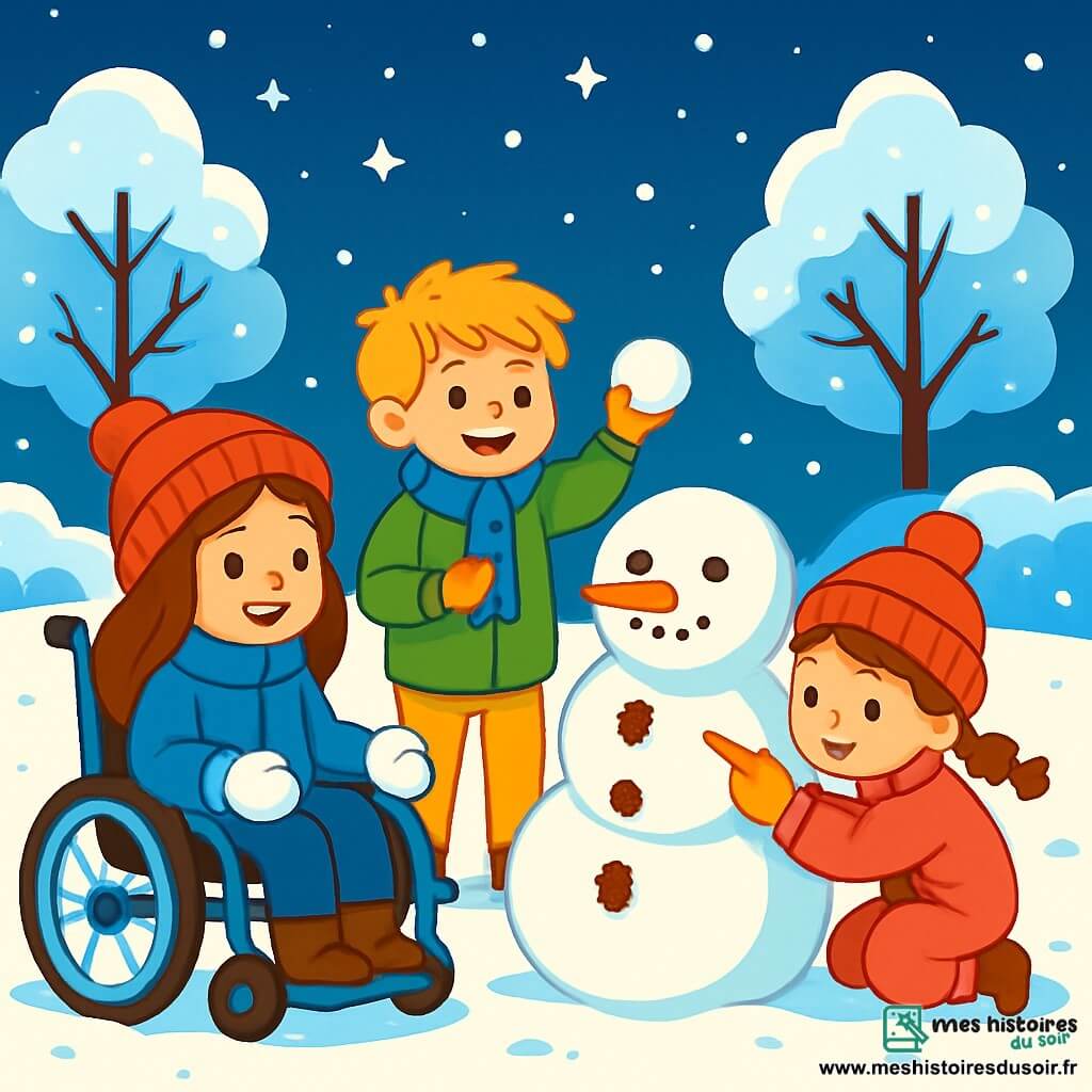 Trois personnages sont présents : Camille, une fille de 7 ans avec de longs cheveux bruns, un bonnet rouge, une grosse veste bleue et des moufles blanches, assise dans son fauteuil roulant et admirant son bonhomme de neige ; Léo, un garçon de 7 ans aux cheveux blonds en bataille, portant une écharpe bleue et une veste verte, debout à côté d'elle avec une boule de neige prête à être lancée ; et Éléa, une fille de 5 ans avec des cheveux châtains et des tresses, habillée d'une combinaison rose et d'un bonnet à pompon, accroupie près du bonhomme de neige pour lui mettre une carotte pour le nez. Ils se trouvent dans un jardin enneigé, avec un bonhomme de neige décoré de pommes de pin et de cailloux, des arbres couverts de neige scintillante et un ciel bleu profond parsemé d'étoiles. La scène montre les enfants jouant ensemble dans la neige, riant et s'amusant à construire un bonhomme de neige, tandis que des flocons tombent doucement autour d'eux, créant une ambiance magique et joyeuse.