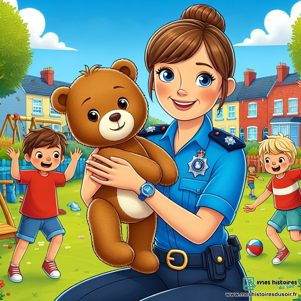 Une policière souriante, Claire, est au centre de l'image. Dans la trentaine, elle a des cheveux bruns en chignon et porte un uniforme bleu vif. Agenouillée, elle tient un ours en peluche dans ses mains, avec une expression joyeuse. À côté d'elle, Léo, un petit garçon de six ans aux cheveux blonds en bataille et aux yeux pétillants, porte un t-shirt rouge et un short bleu. Il sourit en serrant son ours contre lui, heureux d'avoir retrouvé son ami. Le décor est un quartier animé avec des maisons colorées, des arbres et une balançoire. Claire et Léo, entourés d'enfants, célèbrent la retrouvaille de l'ours, créant une atmosphère de camaraderie et de bonheur.