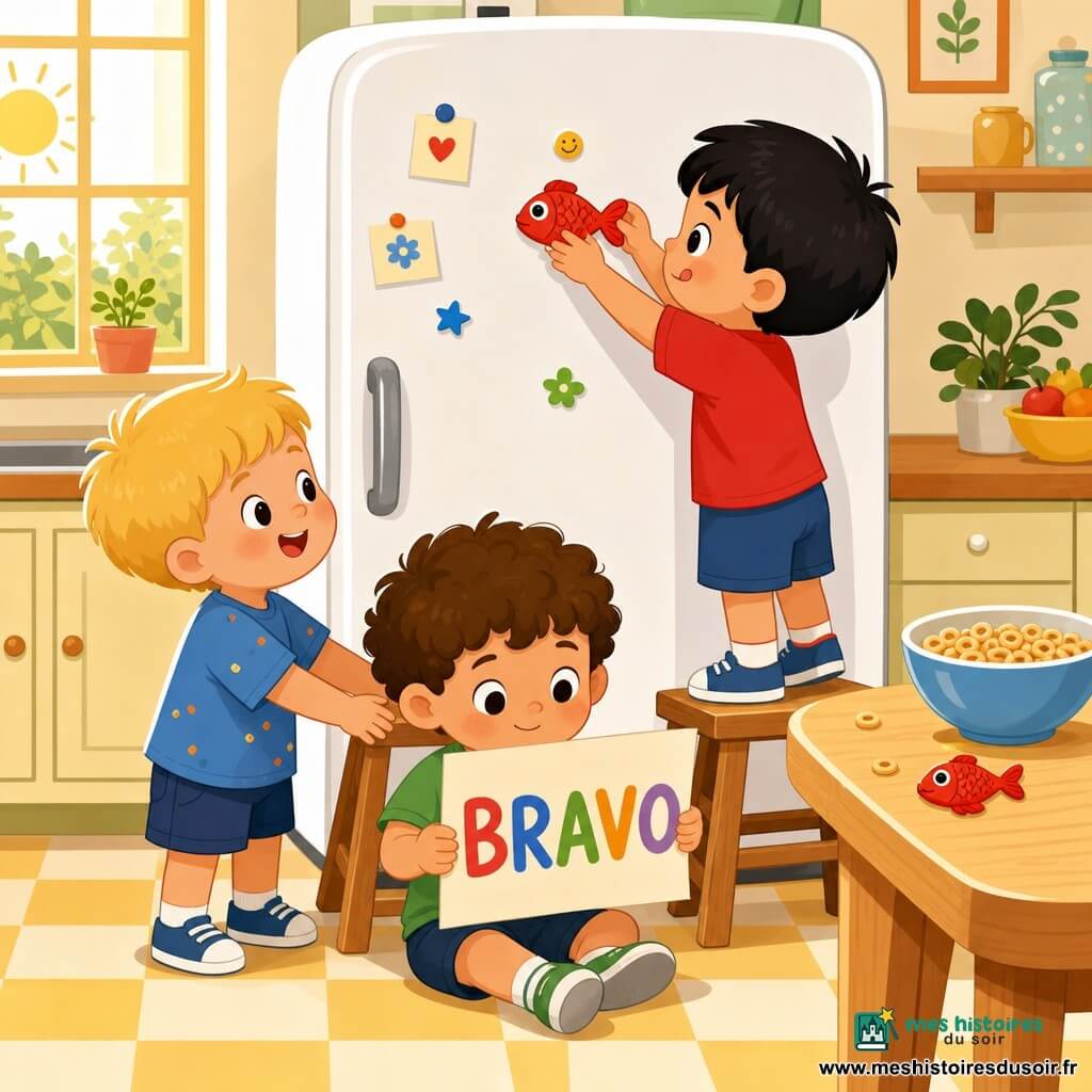 Trois garçons de 3 ans dans une cuisine lumineuse : un blond court tient le tabouret à gauche en souriant, un châtain bouclé assis devant tient une feuille « BRAVO », et un garçon aux cheveux noirs monte sur le tabouret à droite pour coller un aimant-poisson rouge sur la porte blanche du frigo ; ambiance chaleureuse et sécurisante, couleurs vives, table en bois avec bol de céréales et aimant posé dessus, rayon de soleil entrant par la fenêtre.
