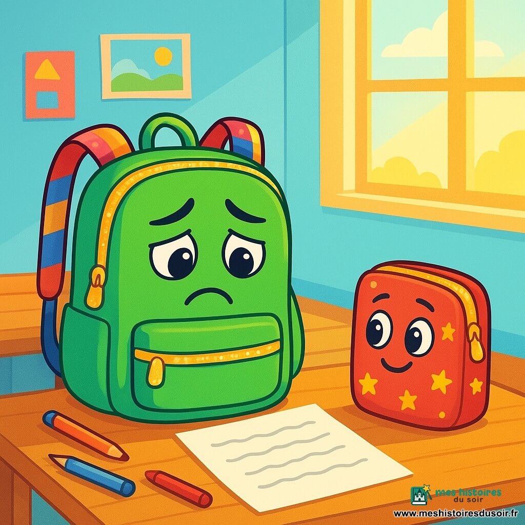 Un cartable vert vif avec des bretelles colorées et des fermetures éclair scintillantes est posé sur un bureau en bois, affichant une expression de tristesse. Il regarde une lettre froissée devant lui, tandis qu'une petite trousse rouge à motifs joyeux, avec des étoiles jaunes et des yeux pétillants, se tient à côté, prête à le soutenir. La scène se déroule dans une salle de classe ensoleillée aux murs bleu clair, avec des affiches colorées et des fenêtres ouvertes laissant entrer la lumière. Des crayons et des feuilles éparpillés ajoutent une touche de désordre créatif. Le cartable avoue son mensonge dans une ambiance de sincérité et de rédemption, entouré d'une atmosphère de soutien.