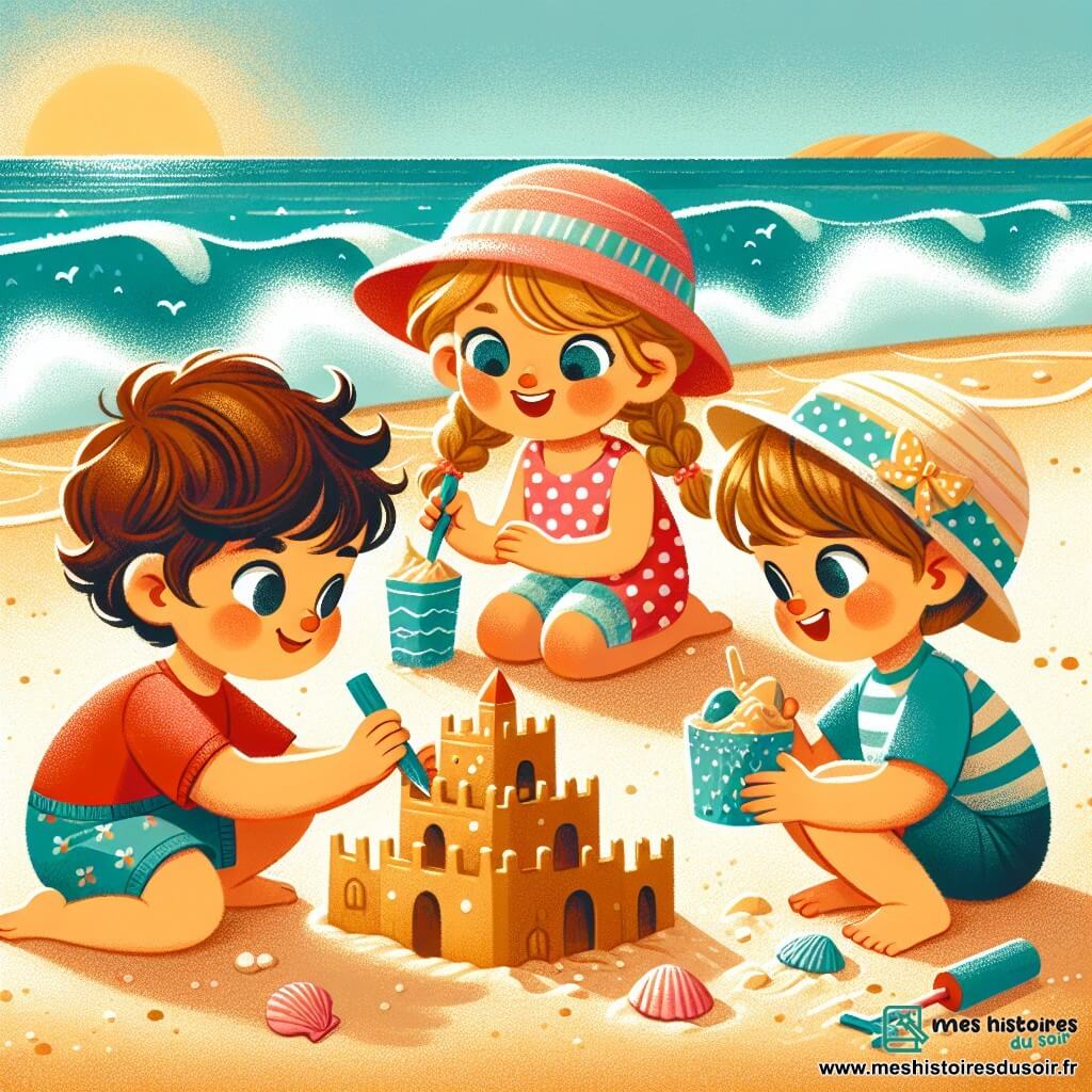 Sur une plage ensoleillée, trois enfants s'amusent. Léa, un garçon de trois ans aux cheveux bruns, construit un château de sable. À côté, Emma, une fille avec des cheveux blonds, ajoute des coquillages. Lucas, un autre garçon, est accroupi avec un coquillage. La plage est magnifique avec du sable doré et des vagues douces. Les enfants rient et s'encouragent, créant des souvenirs d'une journée d'été parfaite.