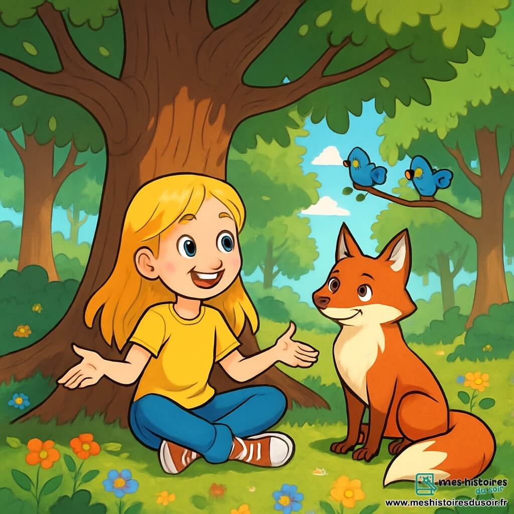 Une petite fille de 12 ans, Élodie, aux cheveux dorés et aux yeux curieux, est assise au pied d'un grand chêne dans une clairière ensoleillée, souriante et accueillante. À ses côtés, un renard au pelage écarlate l'observe avec bienveillance, prêt à partager sa sagesse. La clairière est entourée d'arbres aux troncs noueux, avec des rayons de soleil filtrant à travers les branches, illuminant le sol couvert de fleurs sauvages. Élodie écoute attentivement le renard parler des paradoxes de la vie, tandis que des oiseaux chantent, créant une atmosphère magique et paisible, pleine de promesses de découvertes.