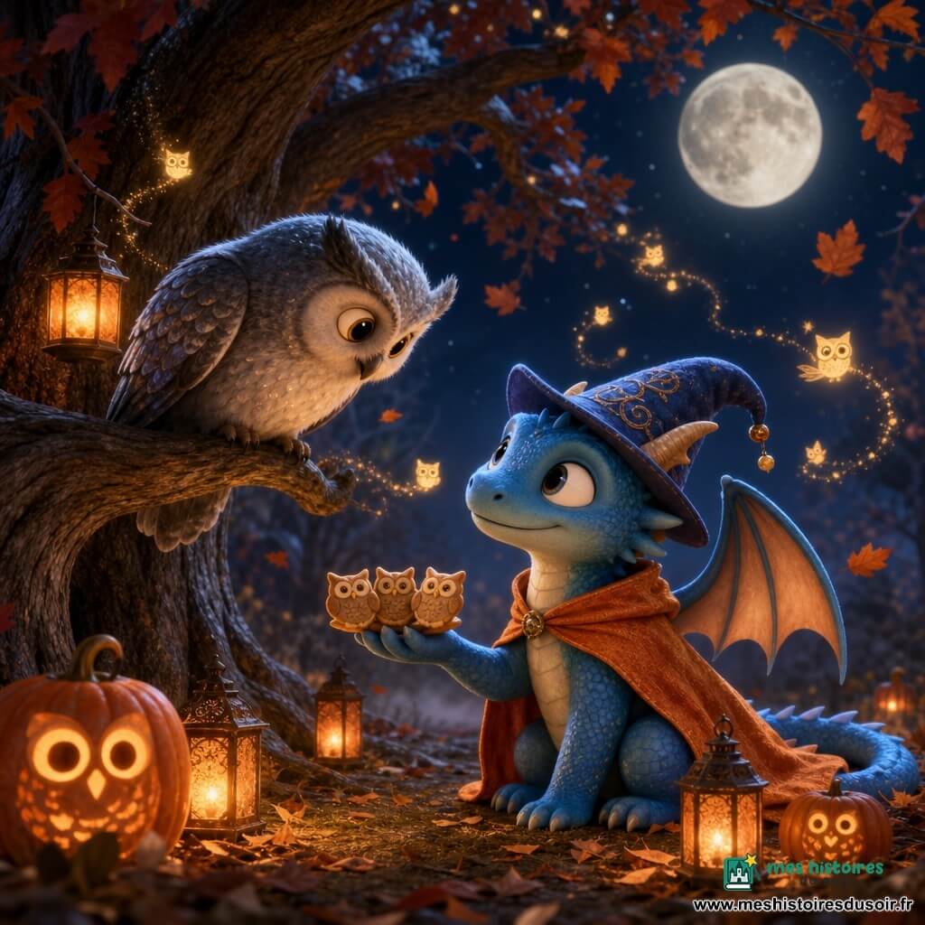 Miro, petit dragon bleu souriant, tient trois biscuits en forme de chouette et partage un moment chaleureux d’Halloween avec Nocti, chouette aux plumes argentées perchée sur une branche basse du chêne ; ils sont au pied d’un grand chêne argenté, éclairés par des lampions orange, des citrouilles sculptées et une lune douce, des feuilles rousses tourbillonnent tandis que de petites lucioles en forme de chouette dorées virevoltent autour d’eux, créant une ambiance cosy où les teintes chaudes d’orange et de cuivre contrastent avec les bleus et l’argent des deux amis.
