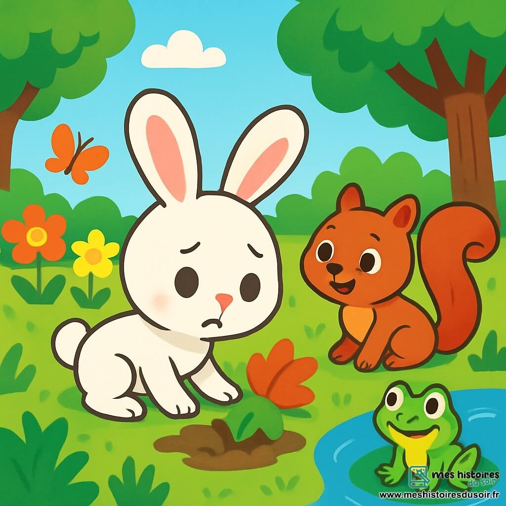 Un petit lapin aux grandes oreilles, au pelage blanc, cherche sa carotte perdue avec une expression inquiète. À ses côtés, un écureuil brun au sourire encourageant est prêt à l'aider, tandis qu'une grenouille verte sur un nénuphar propose également son assistance. Ils se trouvent dans un jardin fleuri avec des arbres, une mare scintillante et des papillons dansant. Le groupe scrute le sol et les buissons, cherchant des indices pour retrouver la carotte disparue, dans une ambiance de camaraderie et d'aventure.