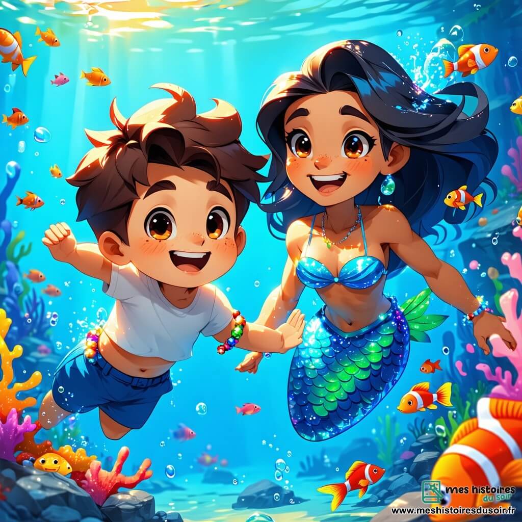 Léo, un garçon de 6 ans aux cheveux bruns en bataille et aux yeux curieux, nage joyeusement sous l'eau, entouré de poissons colorés. Il porte un maillot de bain bleu vif et un bracelet magique, affichant un grand sourire. À ses côtés, Mira, une sirène aux longs cheveux ondulés et écailles scintillantes, l'encourage avec un sourire chaleureux. Le décor est une grotte sous-marine mystérieuse avec des murs de corail multicolores et des lumières de méduses luminescentes. Léo et Mira explorent la grotte, cherchant le collier magique de la sirène, avec des expressions de détermination et d'émerveillement.