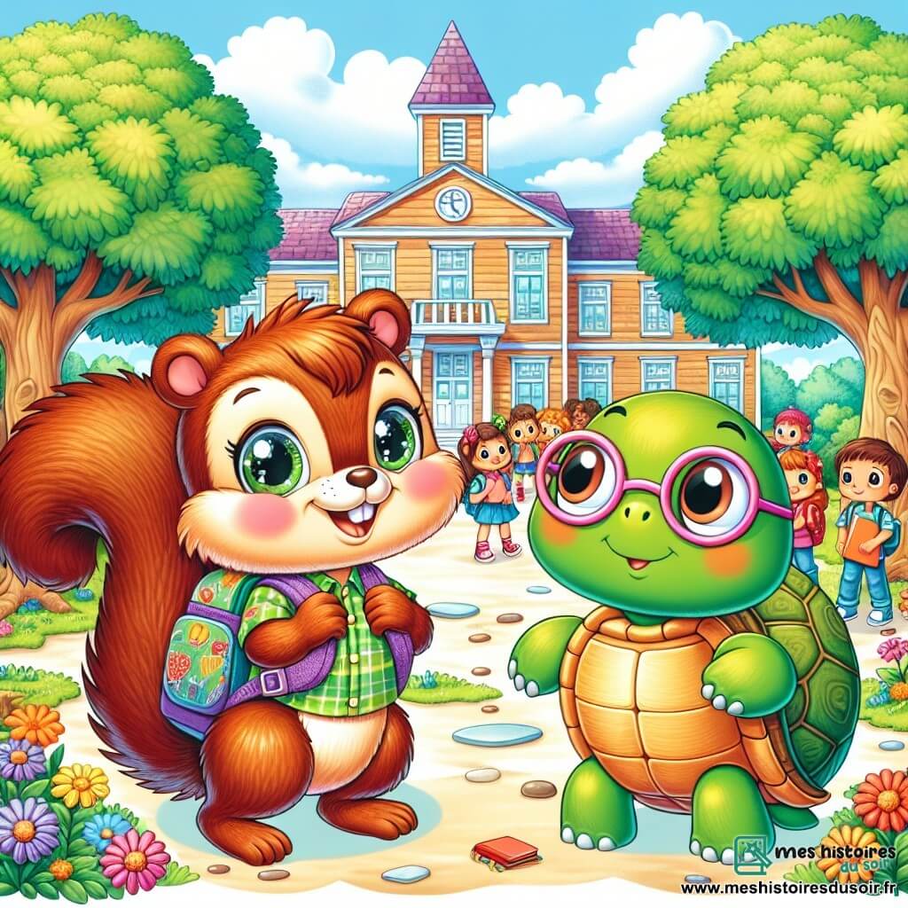 Léo, un petit écureuil au pelage brun et aux yeux curieux, se tient au centre de la cour de l'école avec un sac à dos coloré, souriant pour sa première journée de classe. À ses côtés, Clara, une tortue à la carapace verte et lunettes rondes, observe timidement les autres enfants avec un carnet dans ses pattes. En arrière-plan, des arbres majestueux et des fleurs colorées embellissent la cour, tandis que la grande salle de l'école, ornée de dessins d'animaux, se dresse fièrement. Cette scène capture la rencontre de Léo et Clara, prêts à explorer leur nouvelle école entourés de camarades joyeux.
