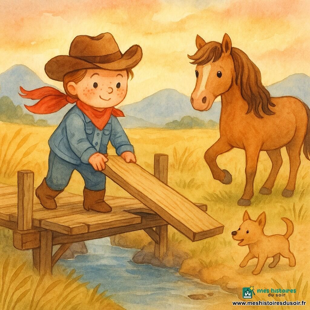 Lila, cow-girl souriante au foulard rouge et chapeau marron, pose une planche sur un pont en bois cassé tandis que Noisette, jument au pelage noisette, attend une patte levée et Pim, petit chien beige, trottine près d'elle, le tout au coucher de soleil sur un ruisseau reflétant le ciel, prairies dorées et montagnes lointaines, ambiance aquarelle douce et pleine d'espoir.