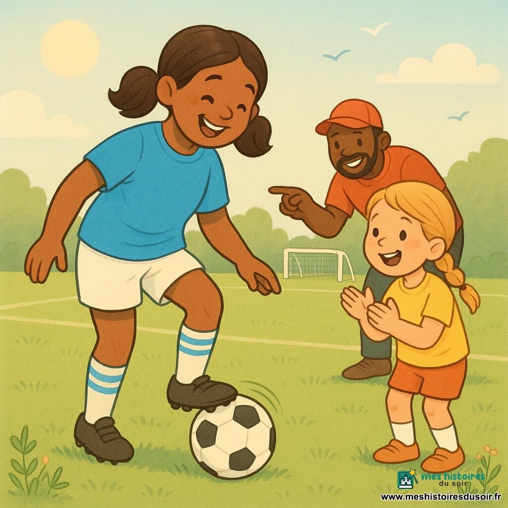 Jeune femme souriante aux cheveux bruns en couette, en maillot bleu, short blanc et chaussettes rayées, contrôle doucement un ballon de football noir et blanc avec la plante du pied; à côté d’elle une fillette de ~8 ans aux cheveux blonds en tresse, en t‑shirt jaune, applaudit heureuse; un coach d’environ 35 ans casquette rouge s’accroupit en arrière‑plan, souriant et montrant la technique; pelouse verte bien tondue avec lignes blanches, quelques fleurs au bord et un petit but blanc au loin, ciel bleu clair avec soleil doux et oiseaux stylisés; scène chaleureuse et calme où la femme aide la fillette à pousser le ballon, mouvements doux, expressions amicales, couleurs pastel et contours ronds.