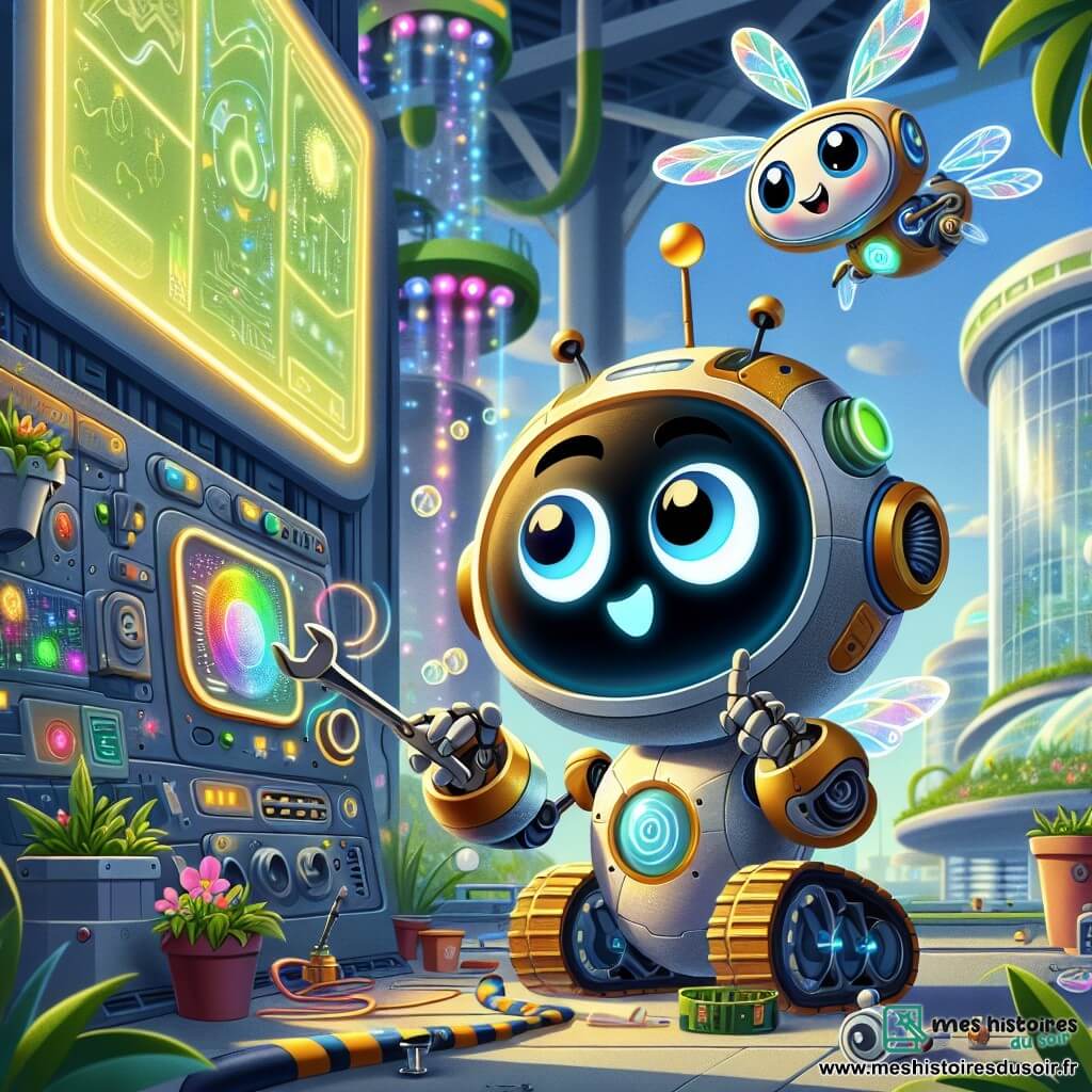 Zippy, un petit robot coloré avec des yeux ronds et un corps en métal scintillant, répare un panneau de contrôle futuriste dans un bâtiment de "Technologie Verte". Concentré et excité, il utilise des outils brillants. À ses côtés, Pobby, un drone aux ailes translucides et au sourire joyeux, flotte et pointe un bouton lumineux sur le panneau pour l'aider. L'endroit est rempli d'écrans affichant des données écologiques et de lumières colorées, créant une atmosphère harmonieuse entre nature et innovation. Zippy serre une vis avec sa clé à molette, tandis que des goutteurs automatiques arrosent des fleurs colorées, illuminant la scène d'une magie éclatante.