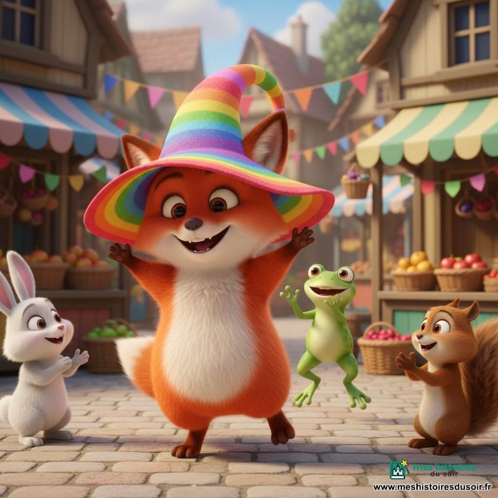 Un renard roux aux joues rondes rit et danse en trébuchant, les pattes avant levées, coiffé d'un énorme chapeau coloré qui lui cache presque les yeux ; une petite grenouille verte souriante saute et applaudit derrière lui, tandis qu'un lapin blanc et un écureuil brun forment un cercle pour applaudir sur la place d'un marché de village lumineux aux étals peints, banderoles multicolores et paniers de fruits — scène joyeuse et comique de la "danse du chapeau" au centre.