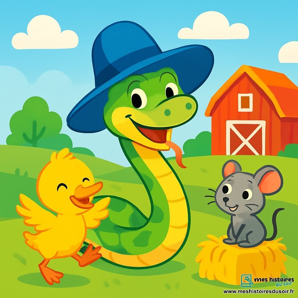 Un serpent joyeux aux écailles vertes et jaunes, portant un grand chapeau bleu, sourit en se dandinant. À côté, un caneton jaune vif saute de joie en agitant ses ailes. Une souris grise, sur une botte de paille, regarde le serpent avec un sourire amusé. En arrière-plan, une ferme colorée avec une grange rouge, des champs verdoyants et un ciel bleu avec des nuages blancs. Le serpent et ses amis s’amusent, créant une atmosphère joyeuse.