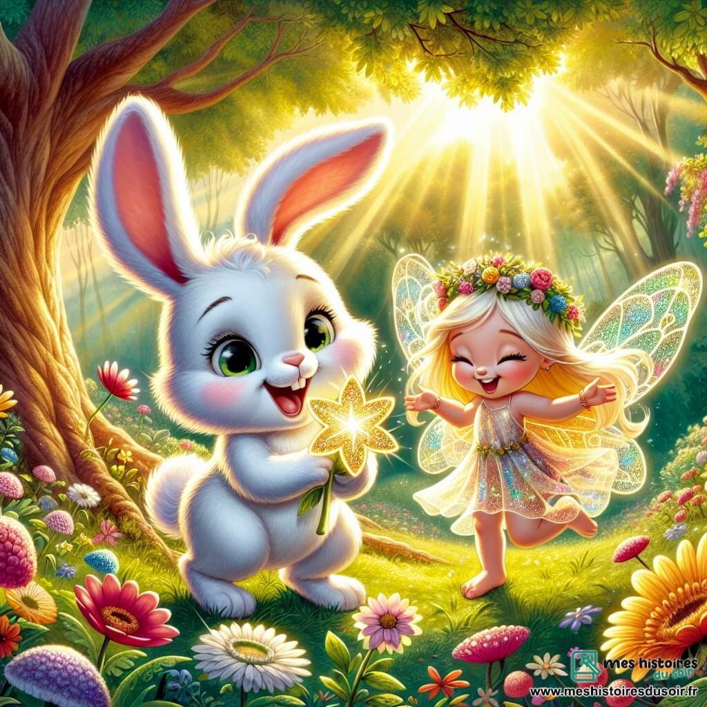 Un petit lapin nommé Léo, au pelage blanc éclatant et aux grandes oreilles douces, exprime curiosité et excitation en tenant une Fleur de l’Étoile scintillante. Ses yeux pétillent de joie et son sourire illumine son visage. À ses côtés, une fée nommée Lumina, avec des ailes translucides et des cheveux dorés, danse joyeusement, rayonnante de bonheur. Elle porte une robe de pétales colorés près d'un grand chêne majestueux, revitalisé par la magie de la fleur. Le décor est une forêt magique où les arbres chantent et les fleurs dansent, baignée de lumière. Léo et Lumina célèbrent la guérison du Grand Chêne, entourés de fleurs épanouies et d'animaux joyeux, dans un moment de magie et d'amitié.