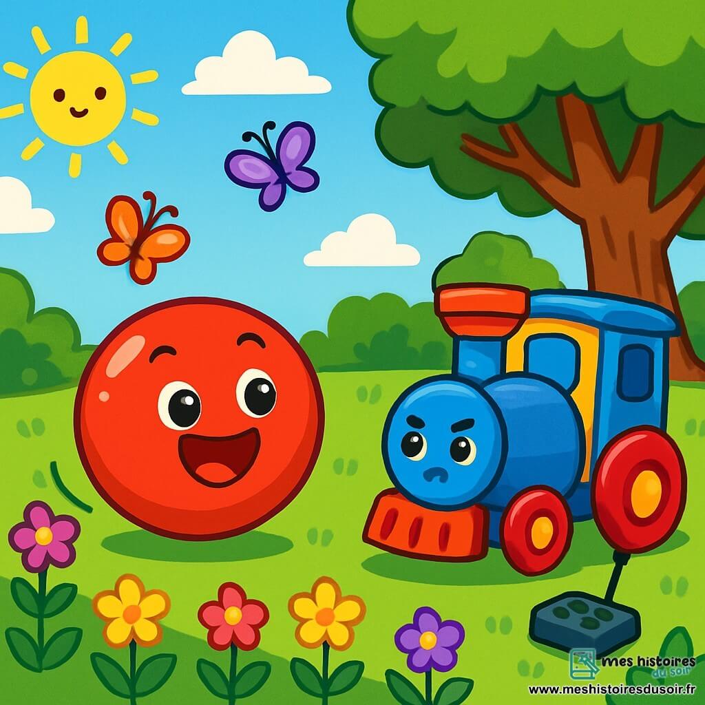 Dans un jardin ensoleillé, un petit ballon rouge nommé Léo roule sur l'herbe verte, entouré de fleurs colorées. À côté, un petit train bleu nommé Tom avance lentement avec sa télécommande. Le jardin est orné de fleurs violettes, jaunes et roses, et un grand arbre se dresse au fond. Léo et Tom s'entraînent pour une course amicale, Léo encourageant Tom, tandis que des papillons volent autour d'eux, ajoutant une touche de magie à cette scène d'amitié.