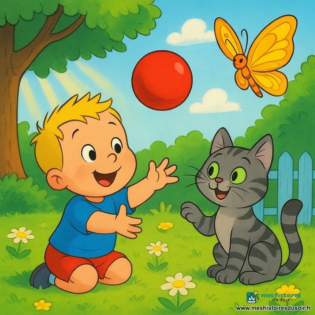 Un garçon de 2 ans, cheveux blonds en brosse, souriant et émerveillé, tend les mains vers une petite balle rouge flottant comme un ballon, guidée par un papillon aux ailes dorées ; un chat gris tigré aux yeux verts, patte levée, est assis à sa droite sur une pelouse verte parsemée de marguerites et de pissenlits, près d'une petite barrière bleu clair et d'un grand chêne d'où filtrent des rayons de soleil, ambiance joyeuse et magique.