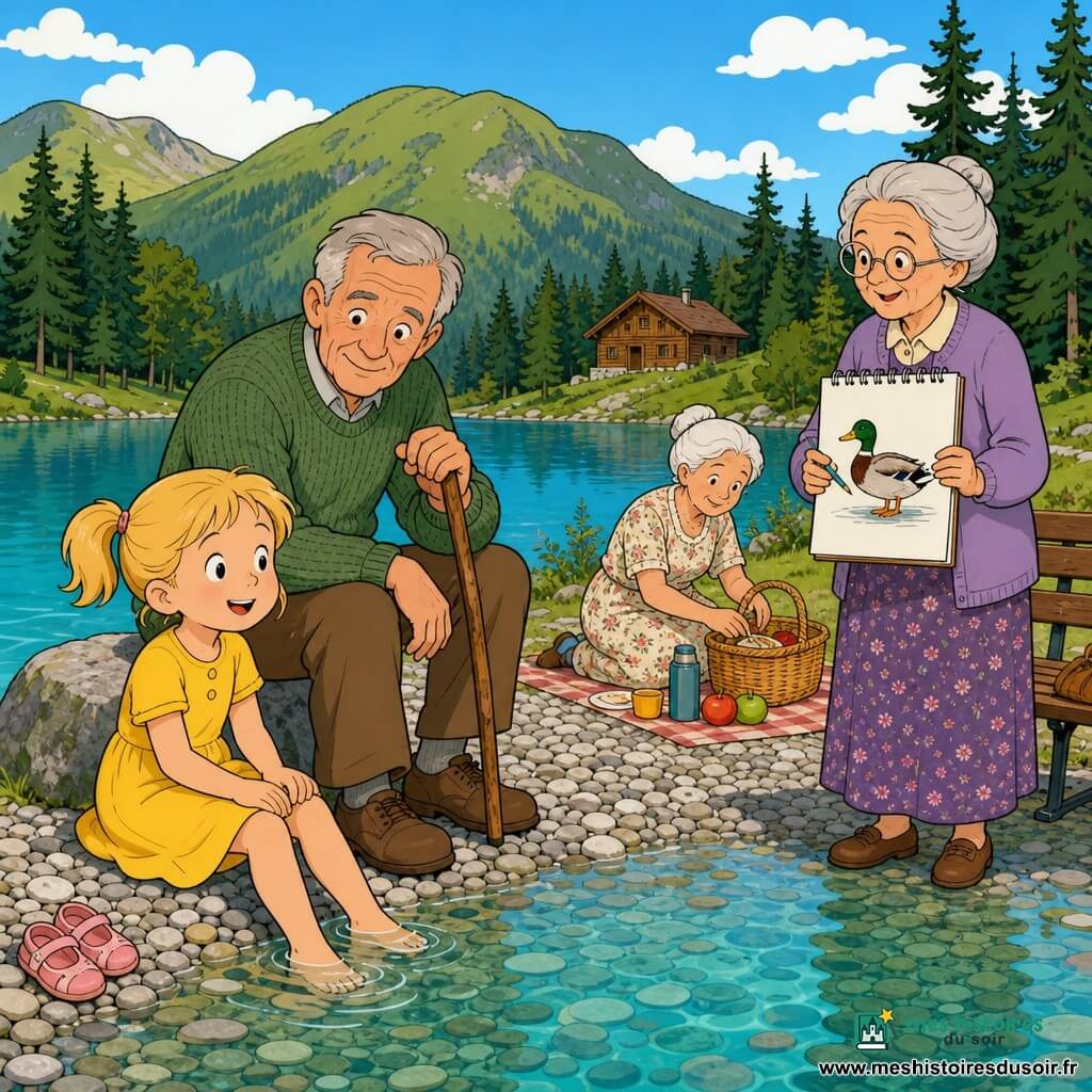 Une fillette de 6 ans souriante et timide, cheveux blonds en couettes, robe jaune, trempe les pieds dans un lac de montagne bleu-vert; un grand-père d'environ 65 ans au visage ridé et bienveillant, pull vert, assis sur une pierre avec un bâton de marche; une grand-mère d'environ 63 ans cheveux blancs en chignon en robe à fleurs, assise sur une couverture préparant un goûter dans un panier en osier; une vieille dame d'environ 70 ans avec lunettes rondes et carnet de croquis montrant un dessin de canard; rive de petits galets, sapins et montagnes arrondies en arrière-plan, chalet au loin, ciel bleu clair, atmosphère calme et ensoleillée, couleurs chaudes, style bande dessinée clair et convivial pour enfants.