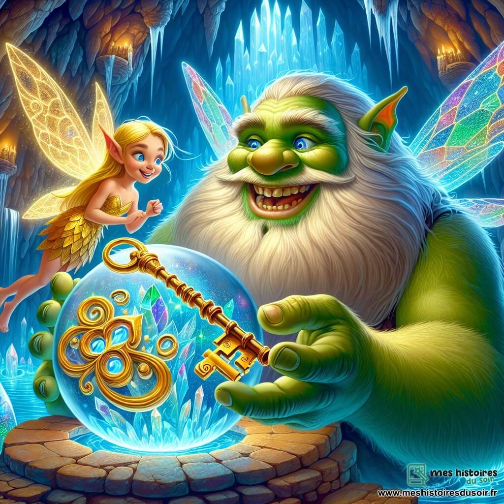 Un ogre jovial nommé Grimbald, à la carrure large et à la peau verte, se tient au bord d'une sphère d'eau cristalline, exprimant une joie éclatante en brandissant une clé en or scintillante. À ses côtés, Lila, une petite pixie aux ailes translucides, flotte dans les airs, émerveillée par la beauté de la clé. Le décor est une grotte magique illuminée par des cristaux brillants et entourée de cascades d'eau scintillantes, créant une ambiance féerique. La scène montre Grimbald découvrant la Clé des Éléments, prêt à libérer la magie de sa vallée.