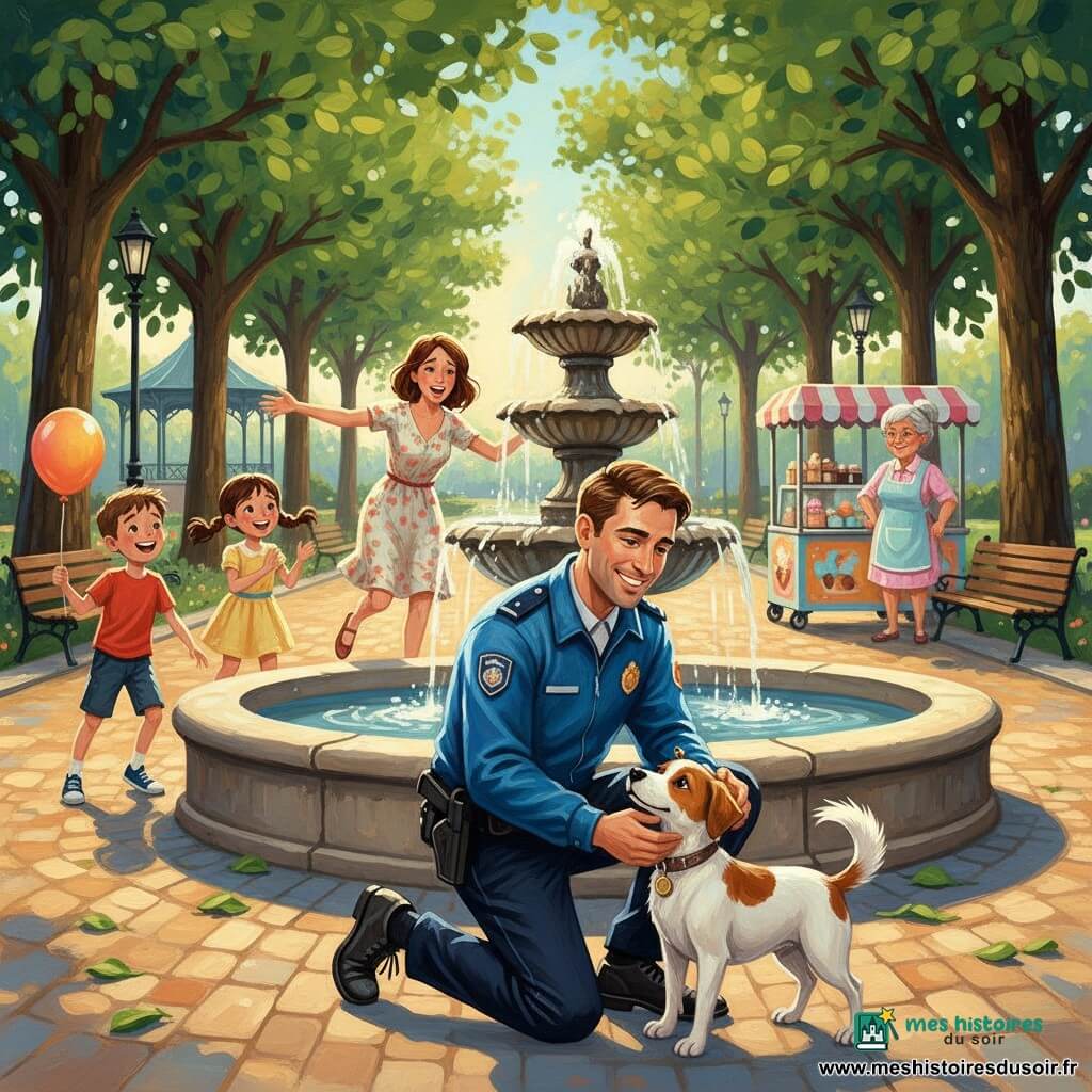 Policier souriant et bienveillant, la trentaine, genou à terre près d'une grande fontaine en pierre, caressant un petit chien blanc et brun au collier avec médaille, queue remuant ; femme de 35–45 ans en robe à fleurs courant les bras ouverts quelques pas derrière, garçon de 8 ans en t‑shirt rouge tenant un ballon et riant à gauche, fille de 6 ans en couettes et robe jaune applaudissant près du garçon ; Mme Dupont, environ 60 ans en tablier pastel, sourit derrière son stand de glaces à droite ; parc lumineux avec allée pavée, tilleuls, bancs et kiosque à musique ; scène de retrouvailles joyeuses, composition centrée sur le policier et le chien, couleurs vives, coups de pinceau visibles et textures d’acrylique épaisses, atmosphère chaleureuse et accueillante.