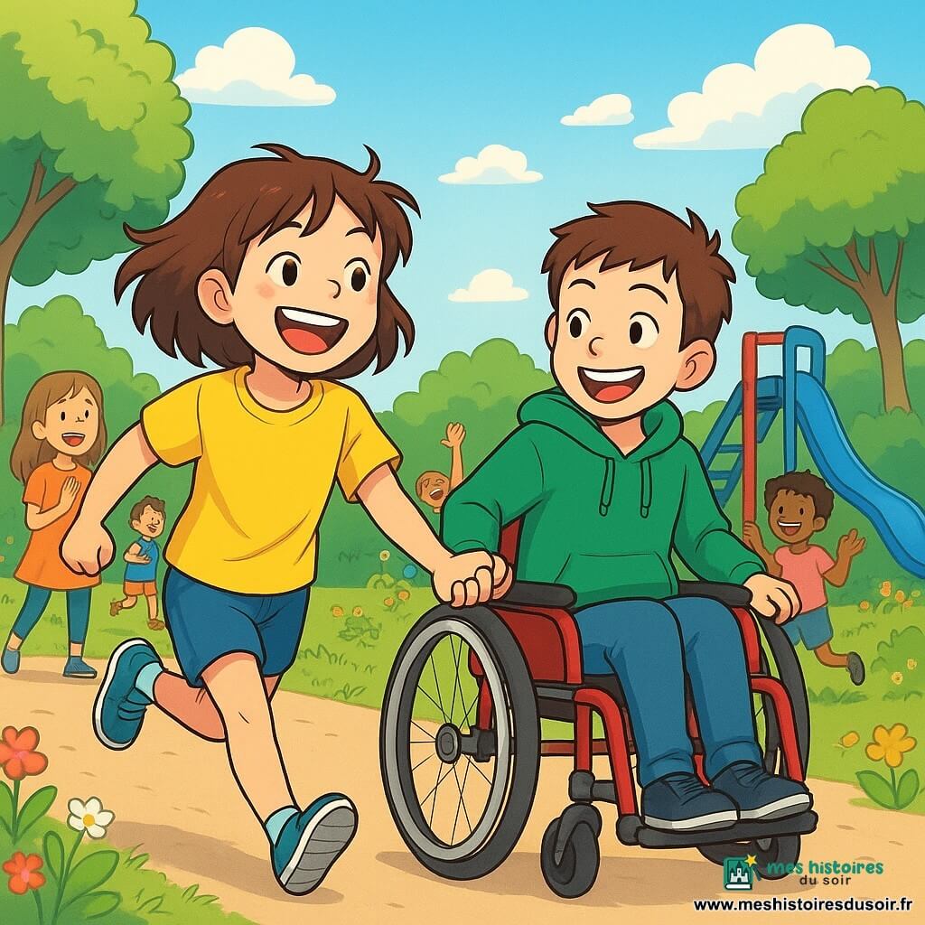 Anna, une fille de 10 ans aux cheveux bruns en bataille, porte un t-shirt jaune et un short bleu. Léon, un garçon de 10 ans dans un fauteuil roulant rouge, a des cheveux bruns et un sweat à capuche vert. Ils sont dans un parc ensoleillé avec des arbres et des fleurs, où des enfants jouent autour d'un toboggan bleu. Anna et Léon courent main dans la main sur une piste, affichant joie et détermination, tandis que d'autres enfants les encouragent, créant une ambiance festive.