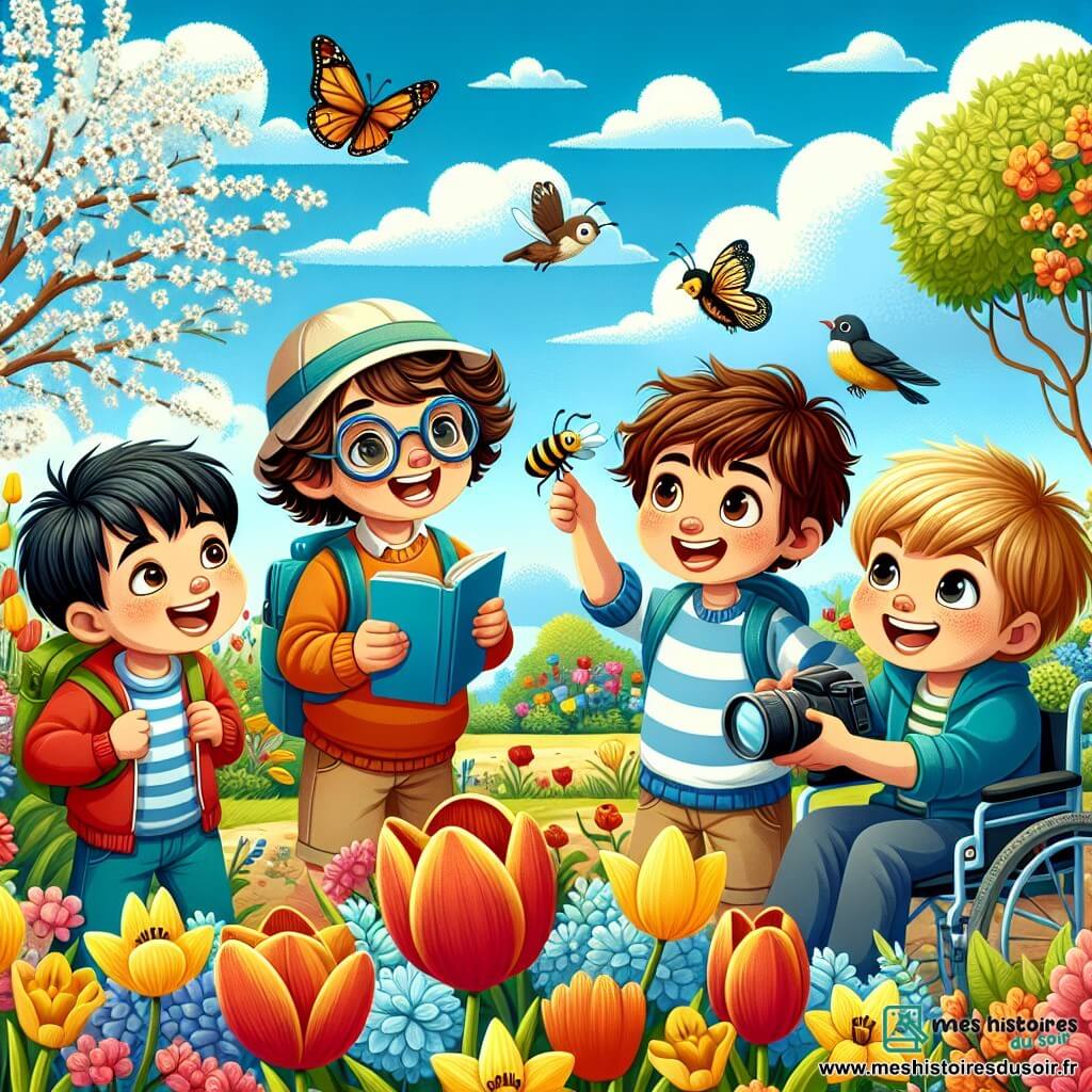 Dans un jardin coloré, quatre garçons sont réunis. Max, dix ans, est au centre avec un carnet. À sa droite, Lucas montre une abeille butinant une fleur. À gauche, Sam observe un papillon, tandis que Tom, assis dans son fauteuil roulant, filme la scène. Le jardin est rempli de fleurs éclatantes et les oiseaux chantent. Les garçons explorent, émerveillés par la beauté du printemps et la nature.