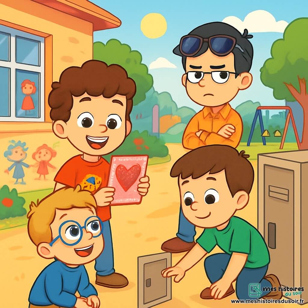 Quatre enfants préparent une surprise pour Théo dans une cour d'école colorée. Léo, 6 ans, aux cheveux bruns et bouclés, tient une carte de Saint-Valentin. Max, également 6 ans, avec des cheveux blonds et des lunettes, est assis, excité. Tom, châtain et lisse, est accroupi à côté de Max, prêt à glisser la carte dans le casier. Hugo, aux cheveux noirs et lunettes de soleil, fait le guet. L'environnement est animé par des dessins d'enfants, des arbres et des jeux. L'excitation et l'amitié se reflètent sur leurs visages, créant une atmosphère joyeuse.